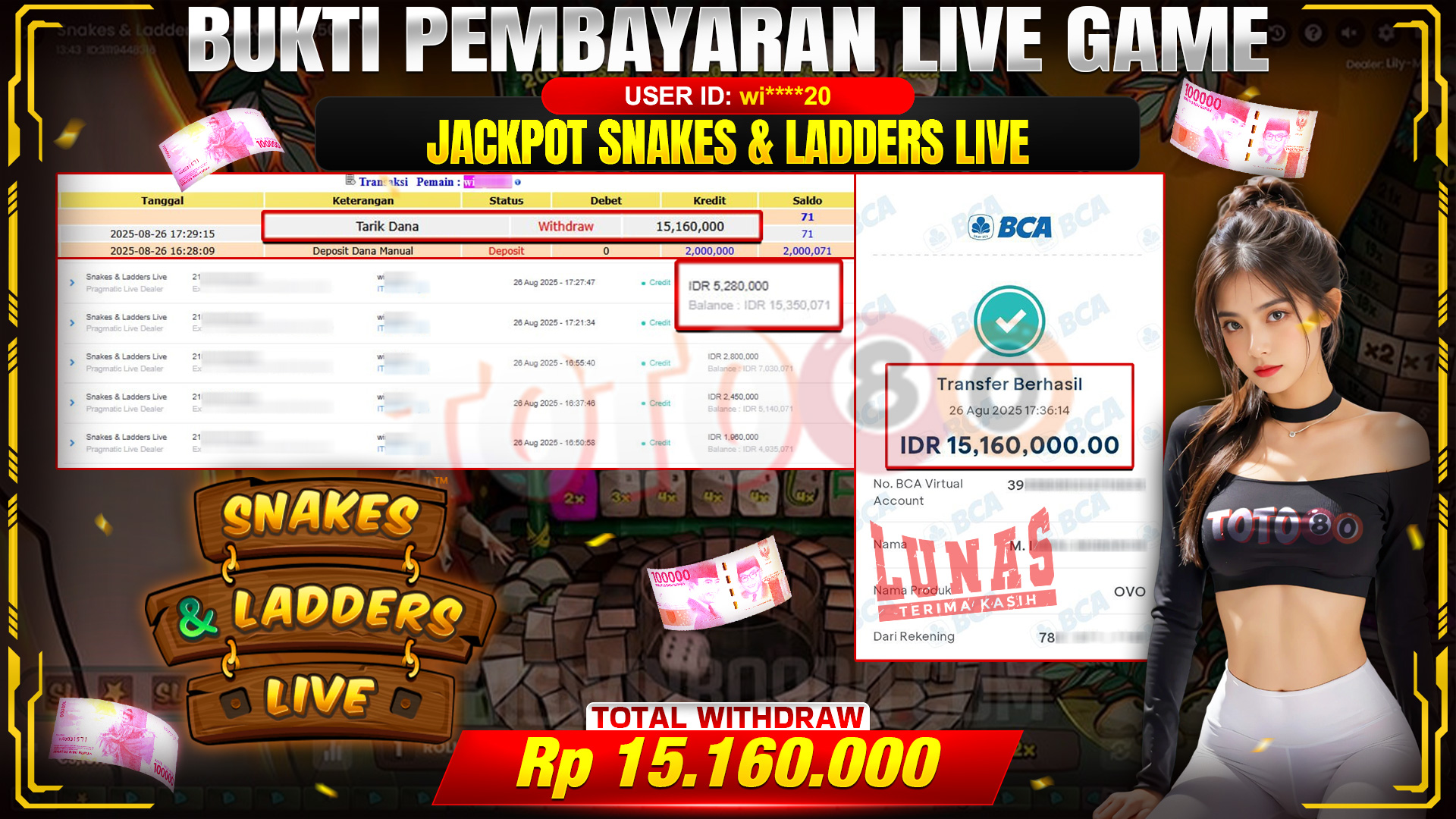 🎉 TOTO80 – JACKPOT SNAKES & LADDERS LIVE =RP.15,160,000,- TELAH DIBAYARKAN! 🎉