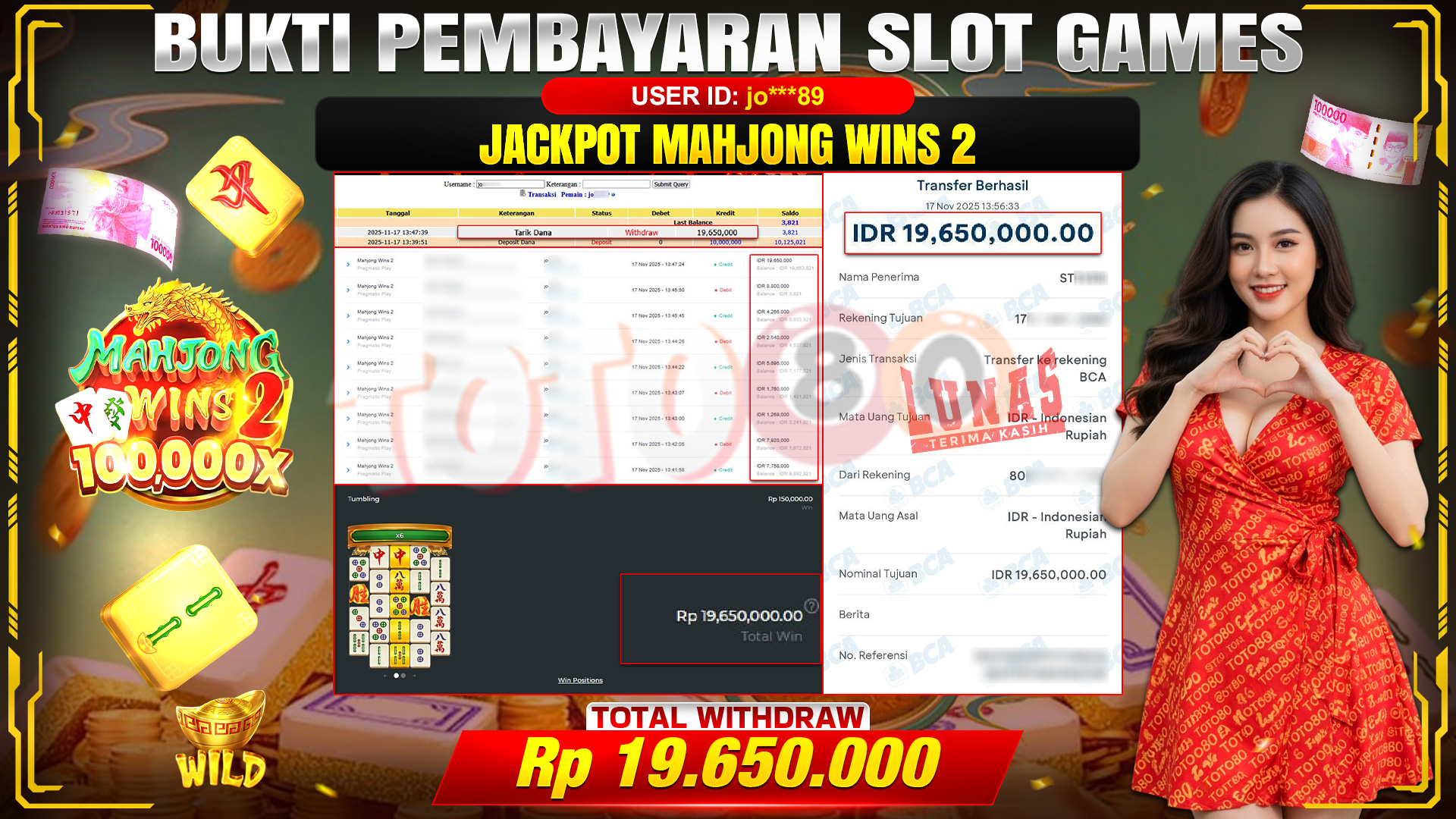 🎉 TOTO80 – JACKPOT MAHJONG WINS 2 RP. 19,650,000,- TELAH DIBAYARKAN! 🎉