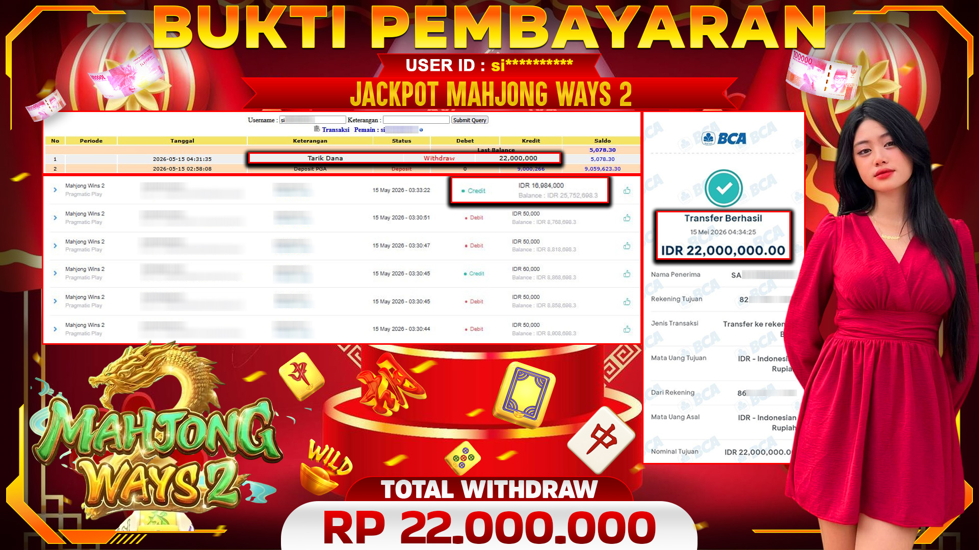 🏆 SELAMAT KEPADA PEMENANG JACKPOT DI Mahjong Wins 2 - Pragmatic Play 22,000,000🏆
