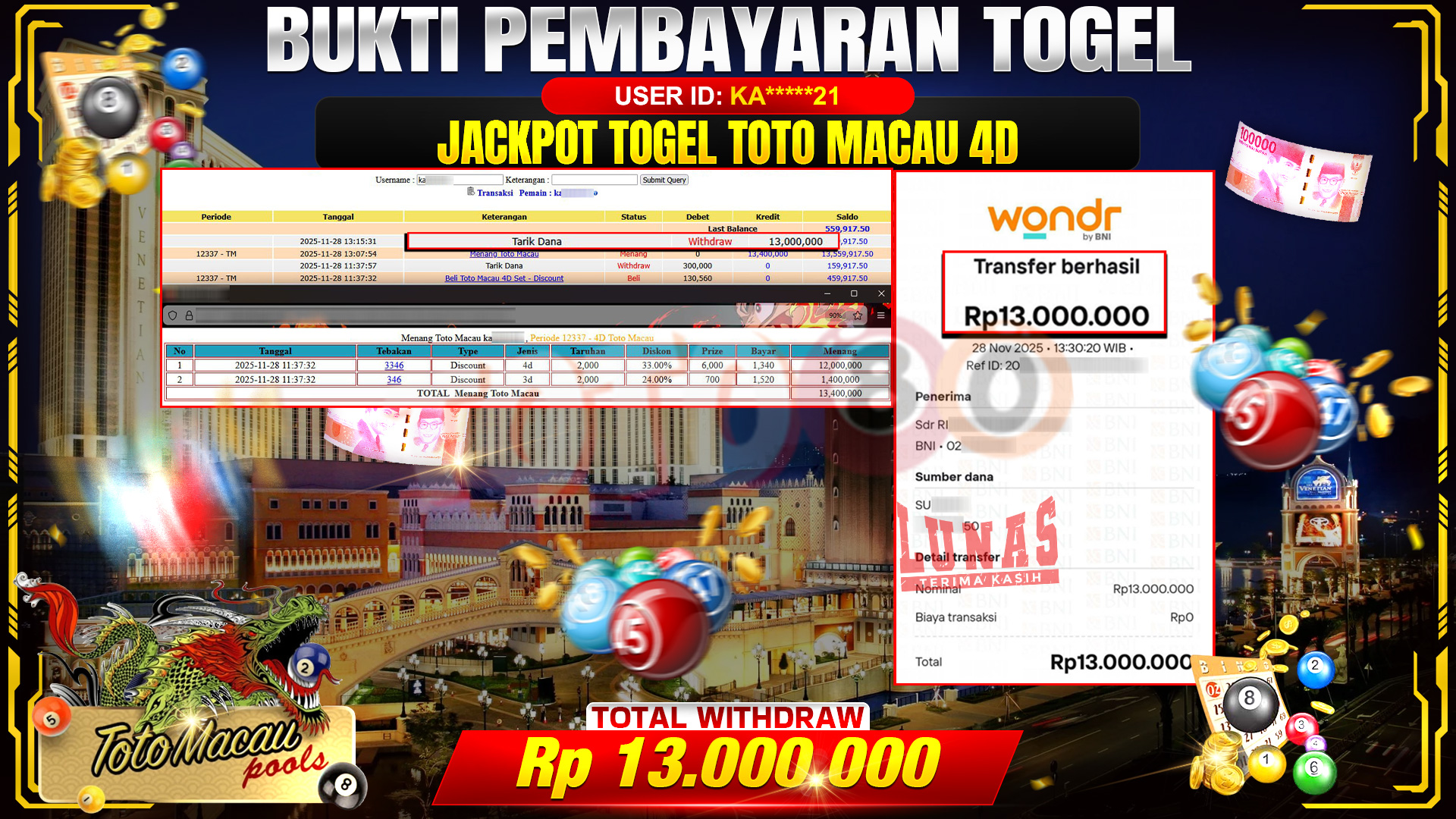 🎉 TOTO80 – JACKPOT TOGEL TOTO MACAU 4D RP.13,000,000,- TELAH DIBAYARKAN! 🎉
