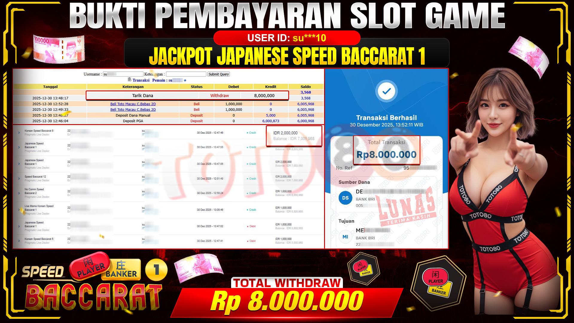 🎉 TOTO80 – JACKPOT JAPANESE SPEED BACCARAT 1 RP. 8,000,000,- TELAH DIBAYARKAN! 🎉