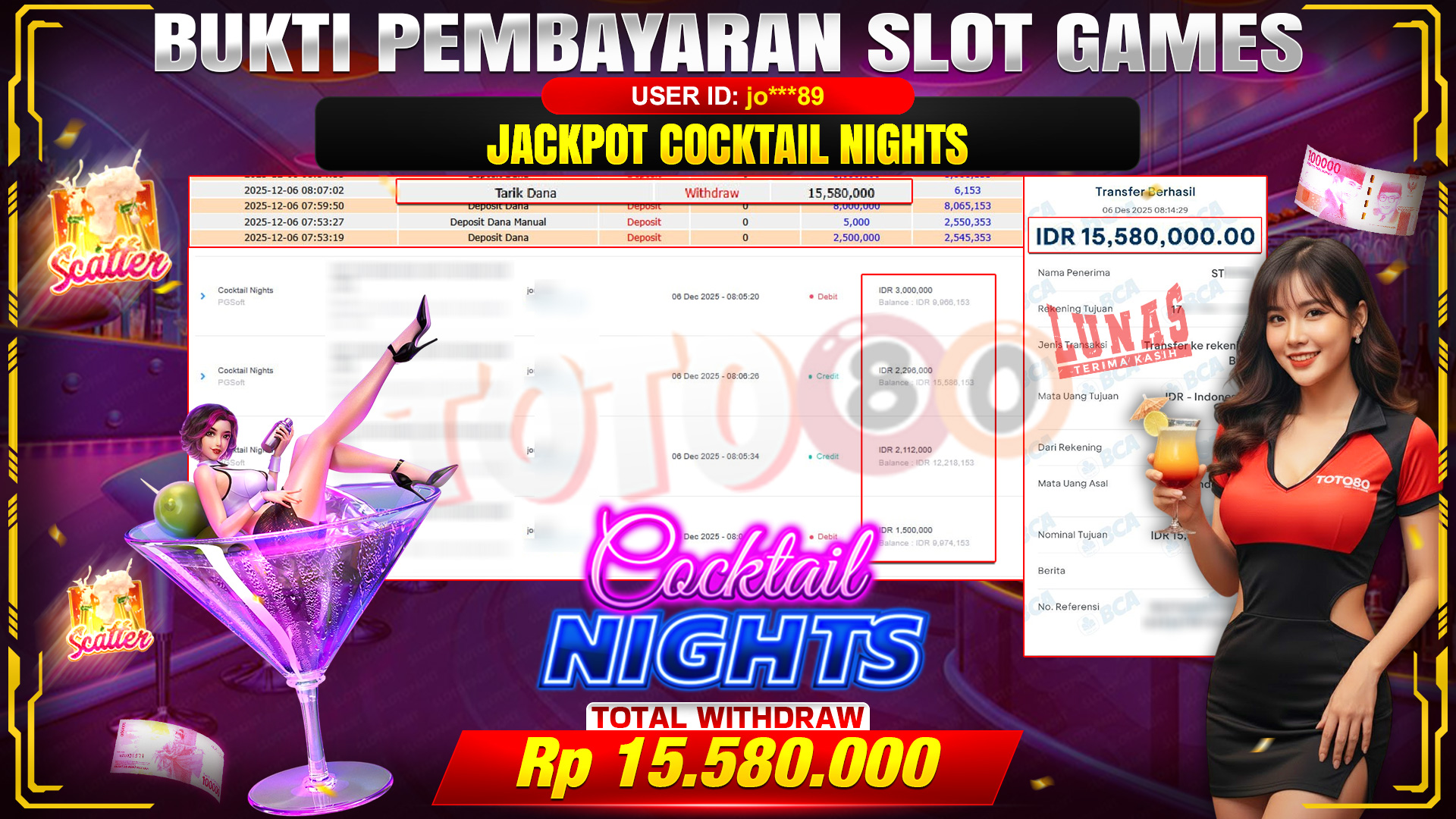 🎉 TOTO80 – JACKPOT SLOT COCKTAIL NIGHTS RP. 15,580,000,- TELAH DIBAYARKAN! 🎉