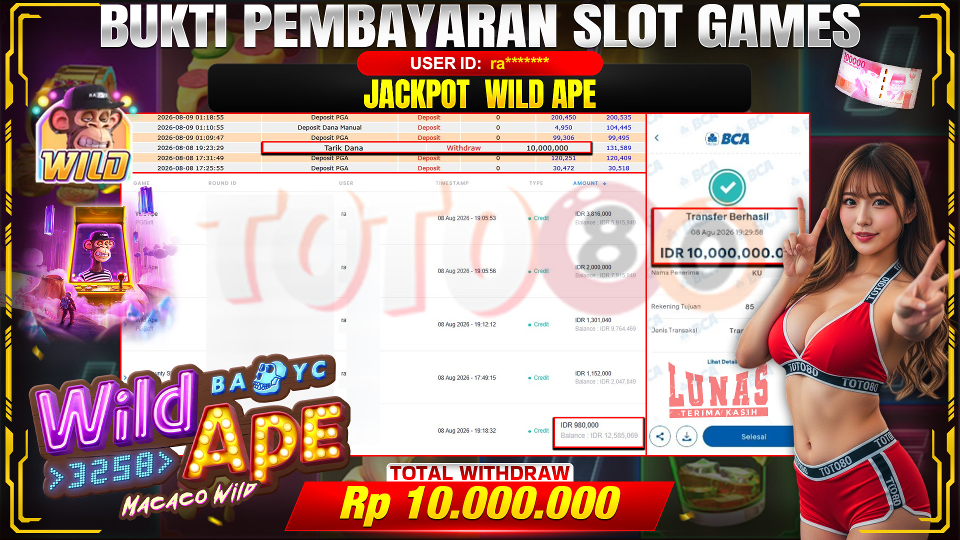 💰🎉 TOTO80 – JACKPOT SLOT WILD APE RP. 10,000,000,- TELAH DIBAYARKAN!💰🎉