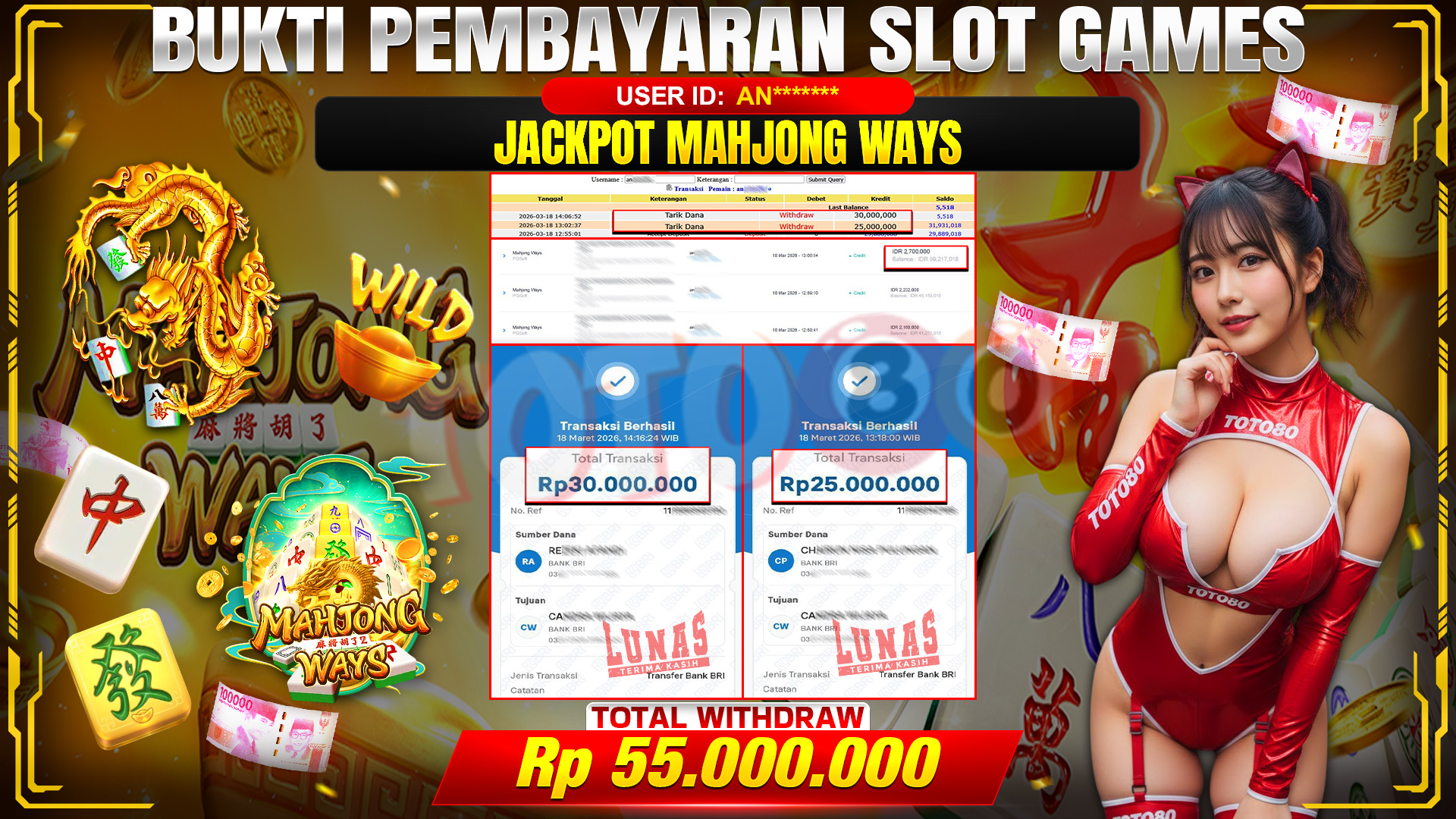 💰🎉 TOTO80 – JACKPOT SLOT MAHJONG WAYS RP. 55,000,000,- TELAH DIBAYARKAN!💰🎉
