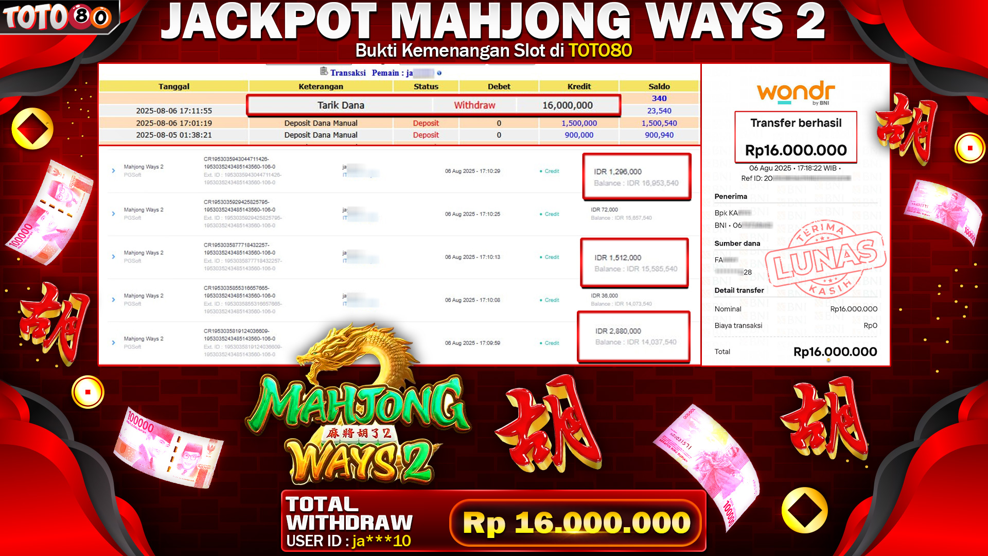 🎉 TOTO80 – JACKPOT GAME MAHJONG WAYS 2 RP.16,000,000,- TELAH DIBAYARKAN! 🎉