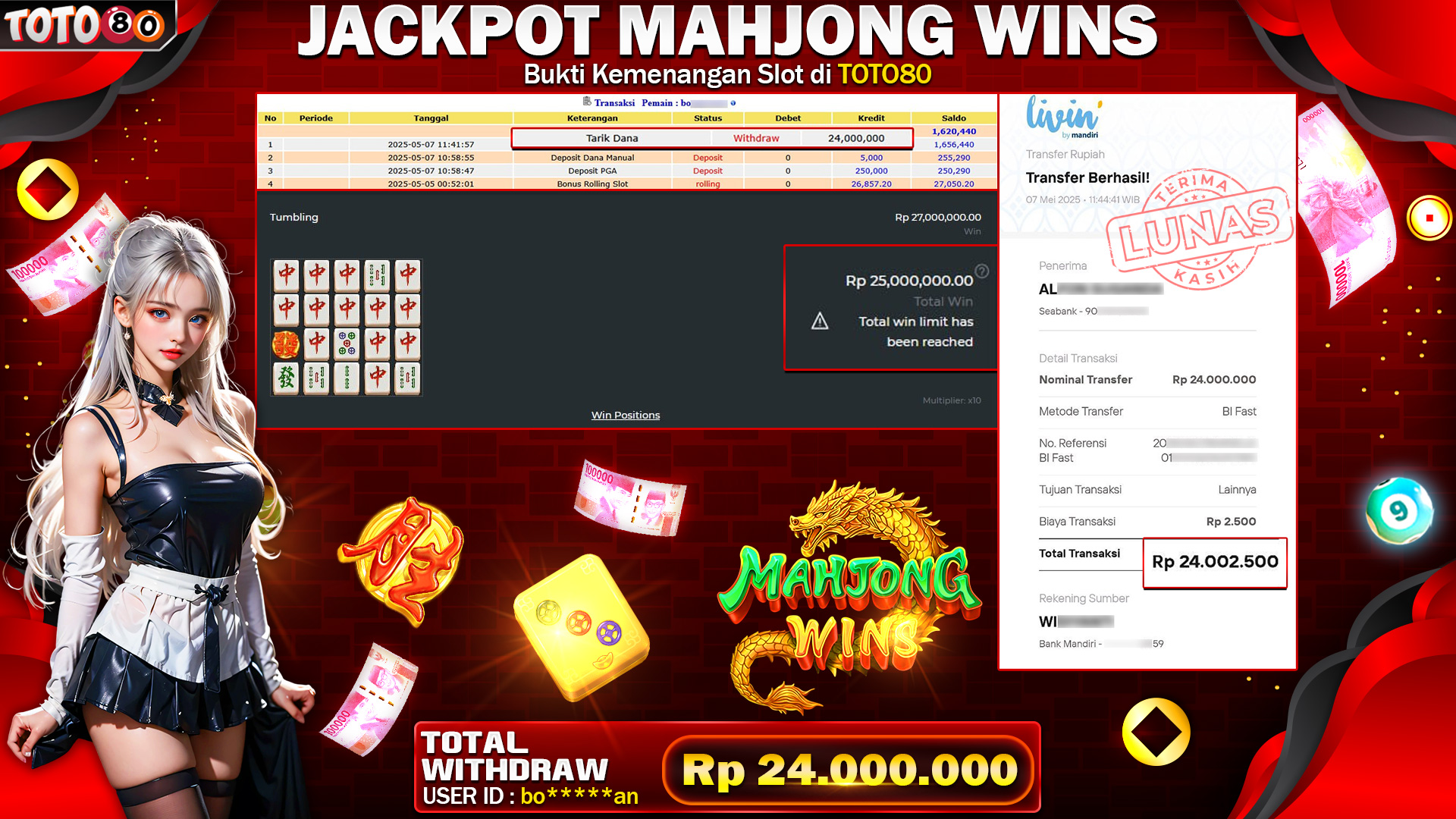 TOTO80 JACKPOT MAHJONG WINS Rp.24.000.000,- LUNAS