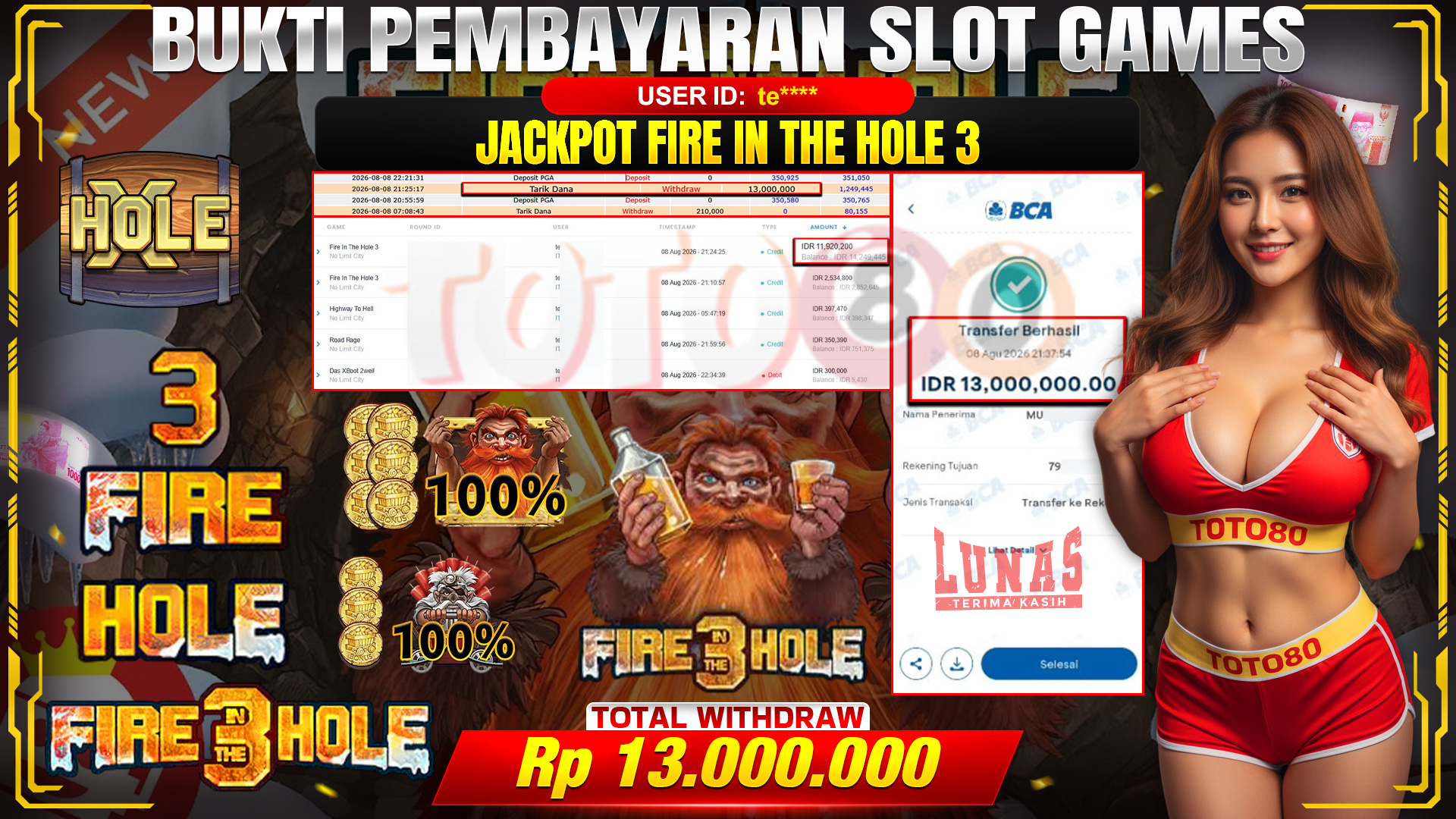 💰🎉 TOTO80 – JACKPOT SLOT FIRE IN THE HOLE 3  RP. 13,000,000,- TELAH DIBAYARKAN! 💰🎉