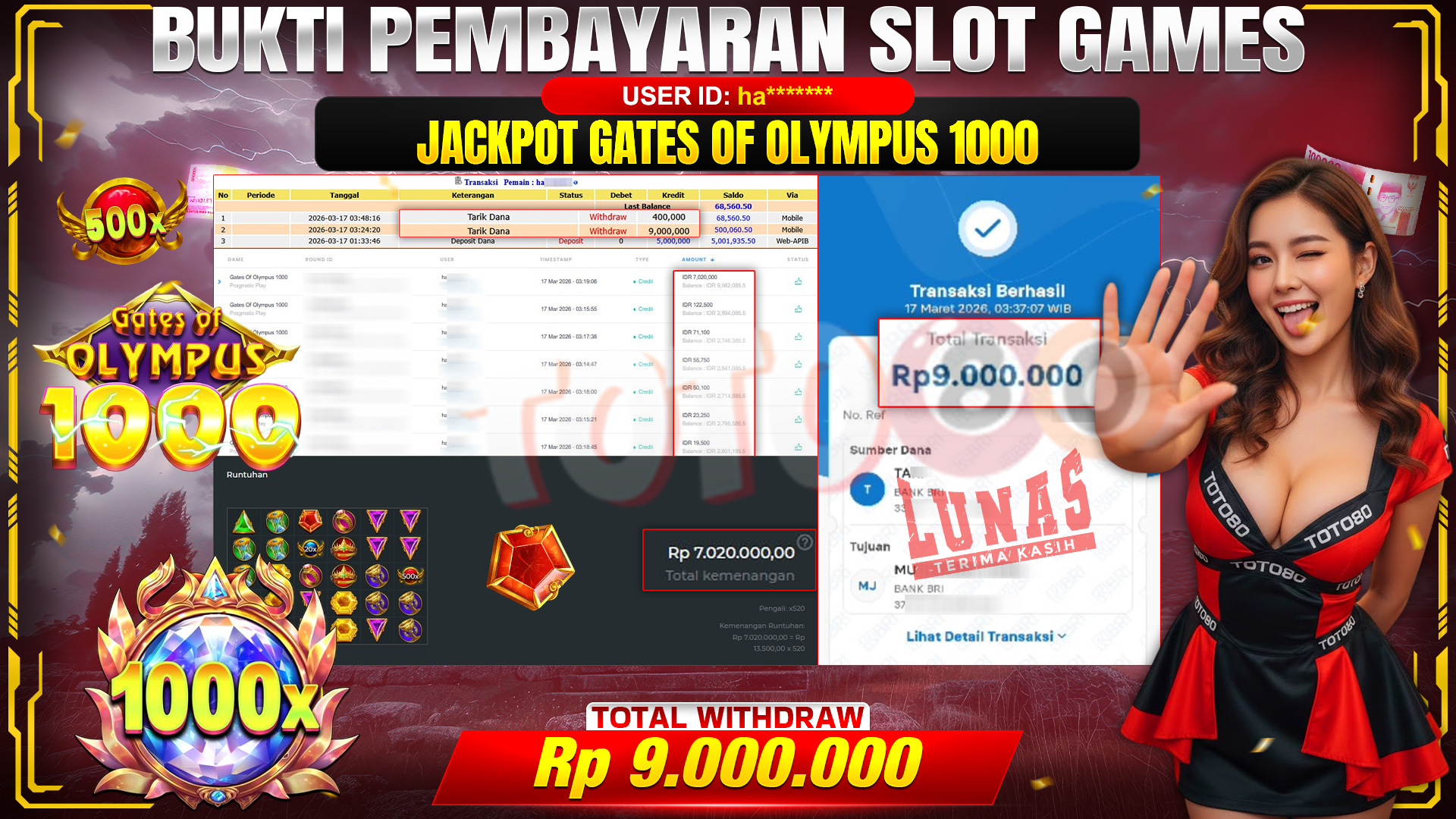 💰🎉 TOTO80 – JACKPOT SLOT GATES OF OLIMPUS 1000  RP. 9,000,000,- TELAH DIBAYARKAN!💰🎉