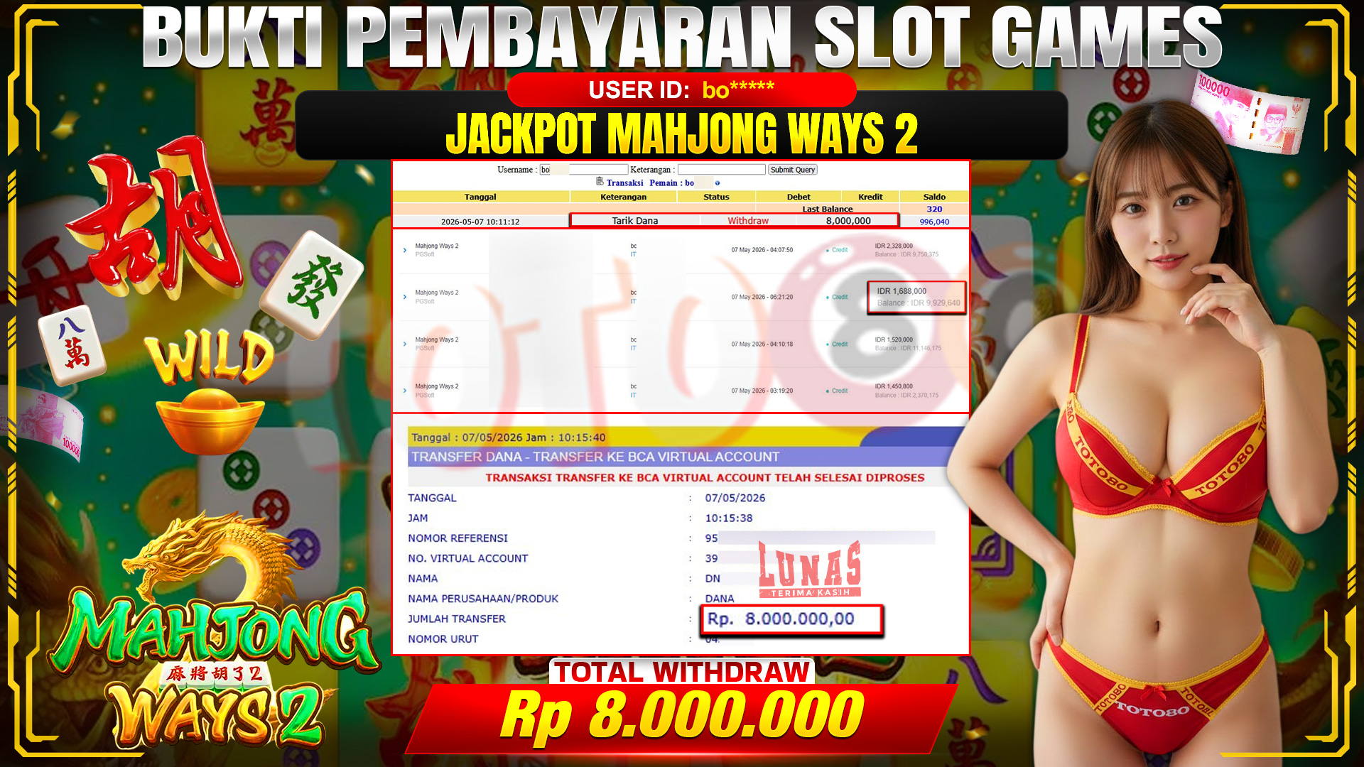 💰🎉 TOTO80 – JACKPOT SLOT MAHJONG WAYS 2 RP. 8,000,000,- TELAH DIBAYARKAN!💰🎉