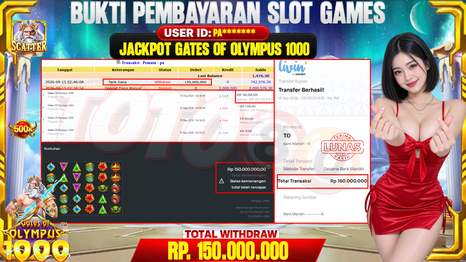 💰🎉 TOTO80 – JACKPOT SLOT GATES OF OLYMPUS 1000 RP. 150,000,000,-  TELAH DIBAYARKAN!💰🎉