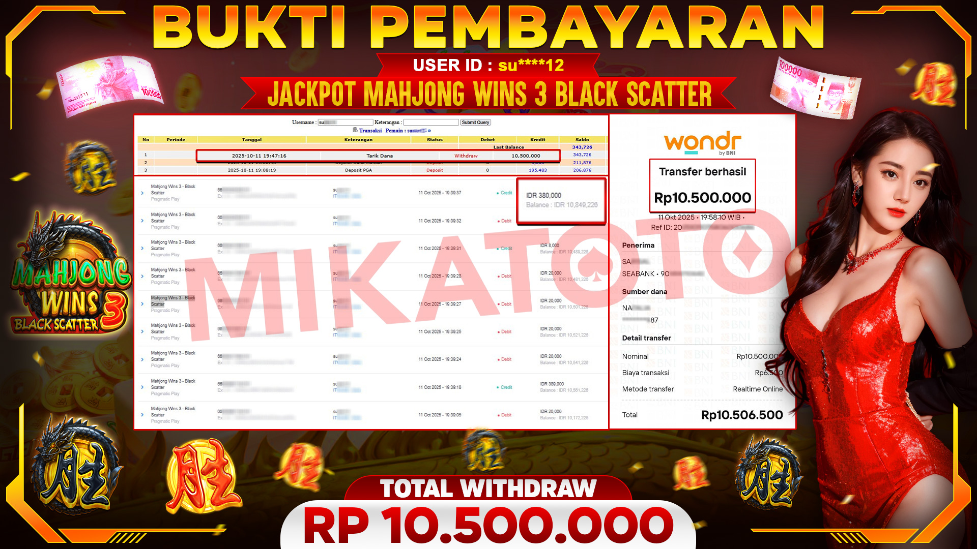 🏆 SELAMAT KEPADA PEMENANG JACKPOT DI Mahjong Wins 3 - Black Scatter - Pragmatic Play 10,500,000🏆