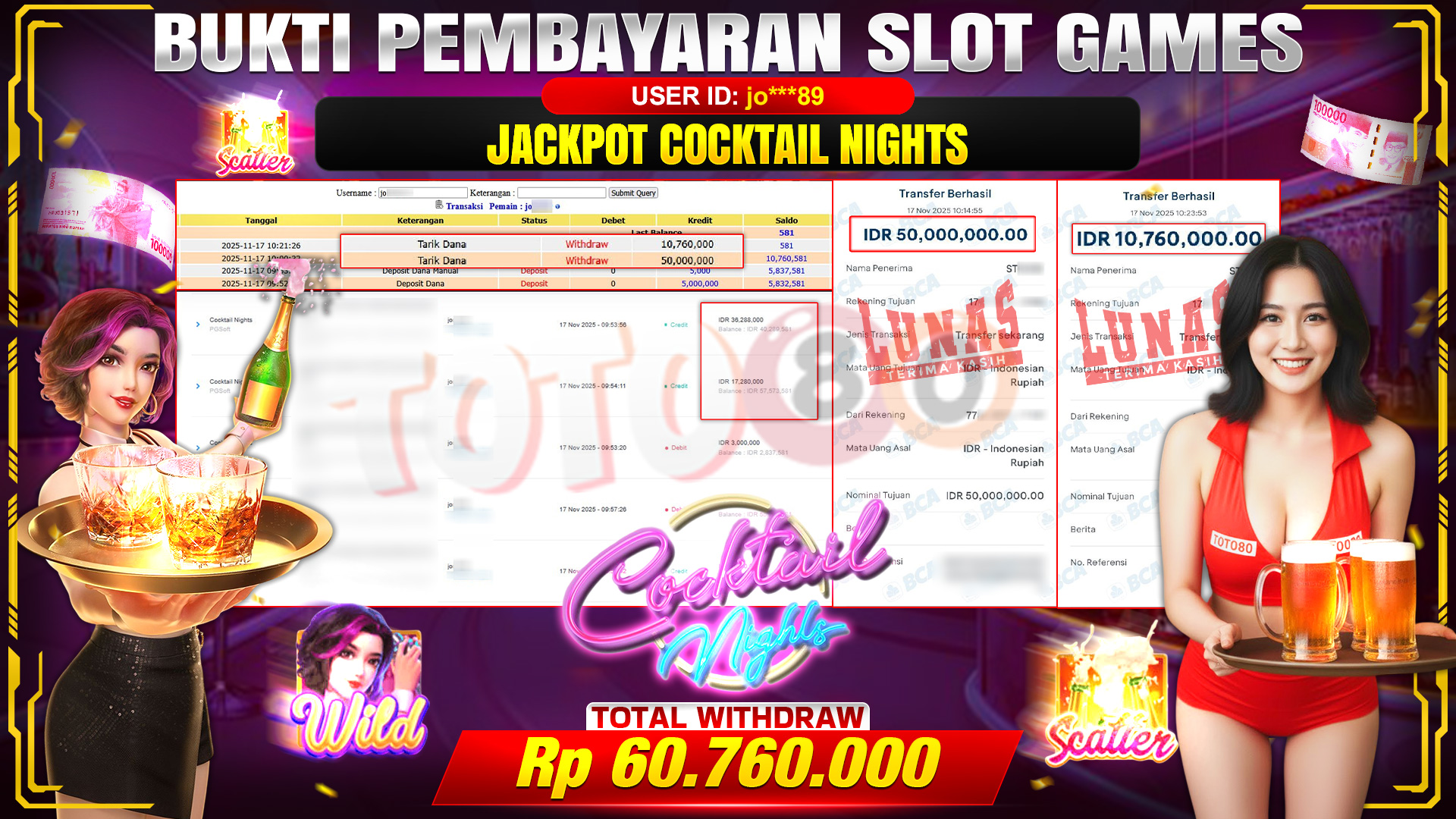 🎉 TOTO80 – JACKPOT SLOT COCKTAIL NIGHTS RP.60,760,000,- TELAH DIBAYARKAN! 🎉