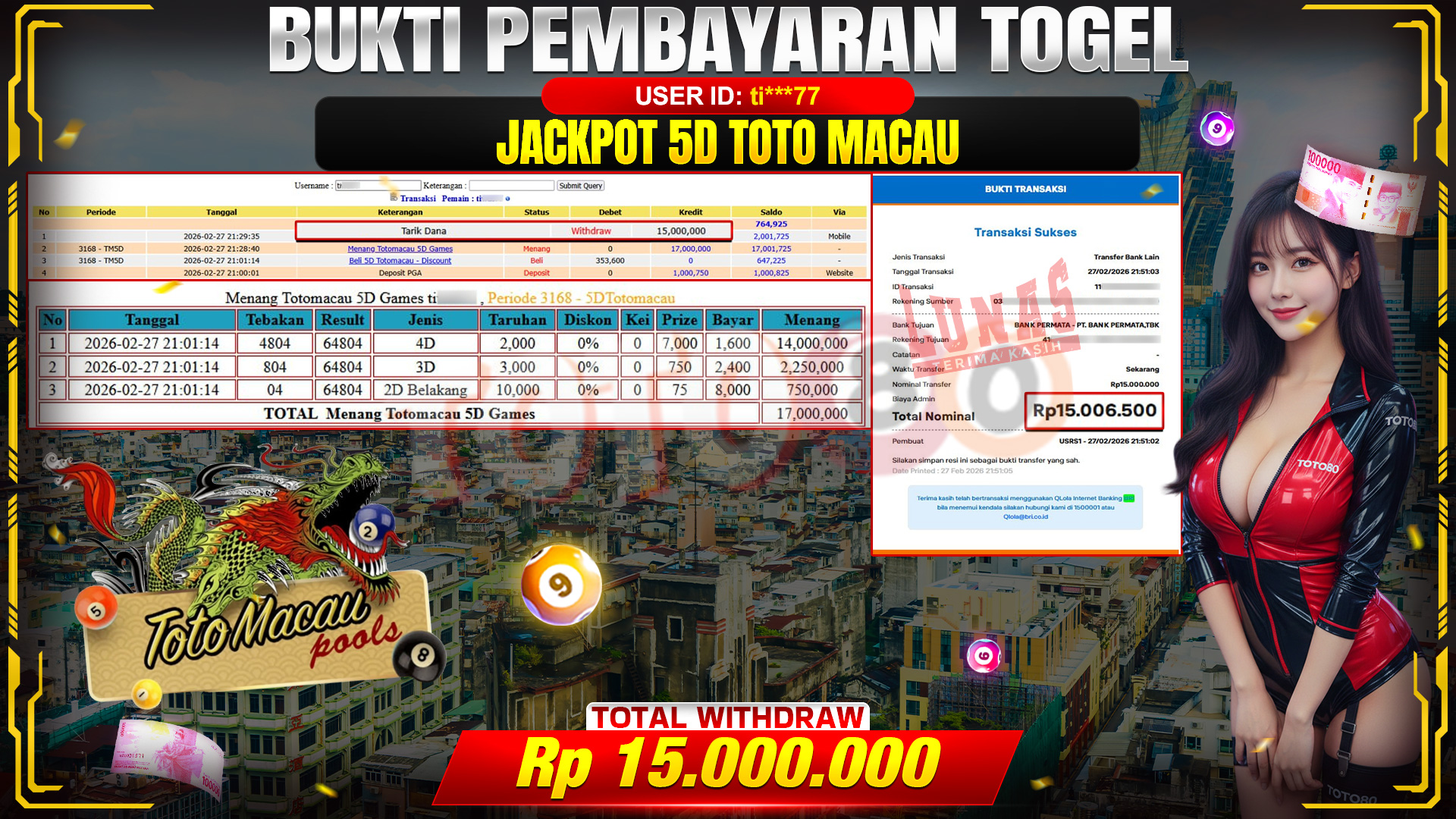 🎉 TOTO80 – JACKPOT TOTOMACAU 5D . 15,000,000,- TELAH DIBAYARKAN! 🎉