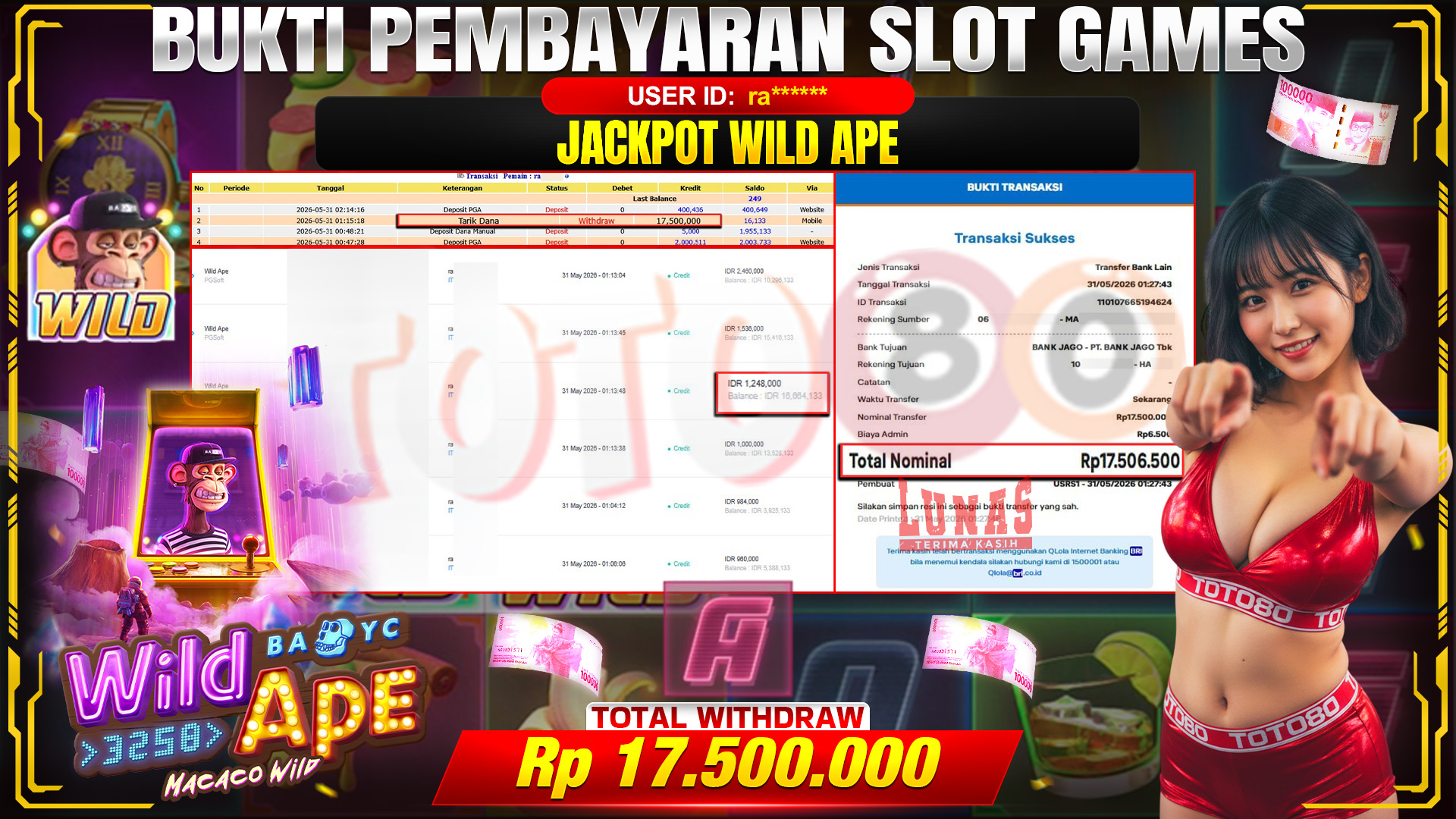 💰🎉 TOTO80 – JACKPOT SLOT WILD APE  RP. 17,500,000,- TELAH DIBAYARKAN!💰🎉