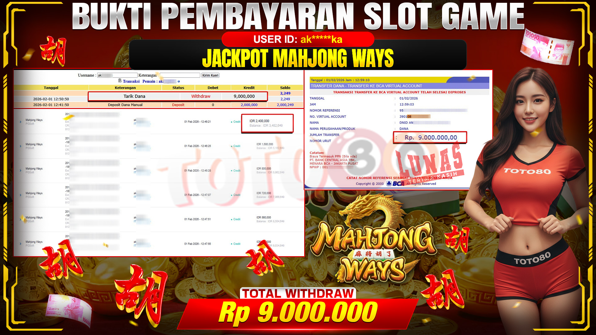 🎉 TOTO80 – JACKPOT SLOT MAHJONG WAYS RP. 9,000,000,- TELAH DIBAYARKAN! 🎉