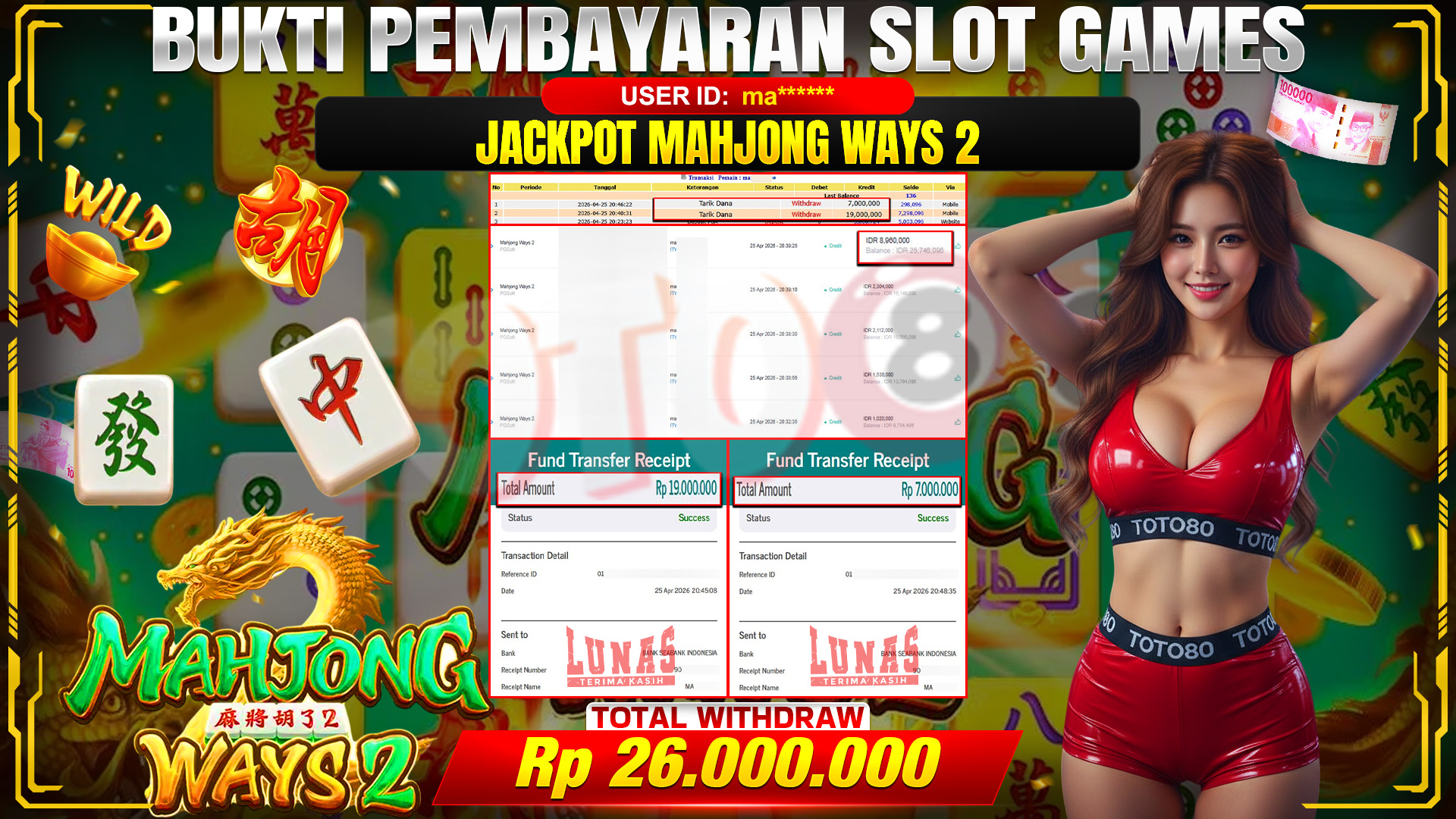 💰🎉 TOTO80 – JACKPOT SLOT MAHJONG WAYS 2 RP. 26,000,000,-  TELAH DIBAYARKAN!💰🎉