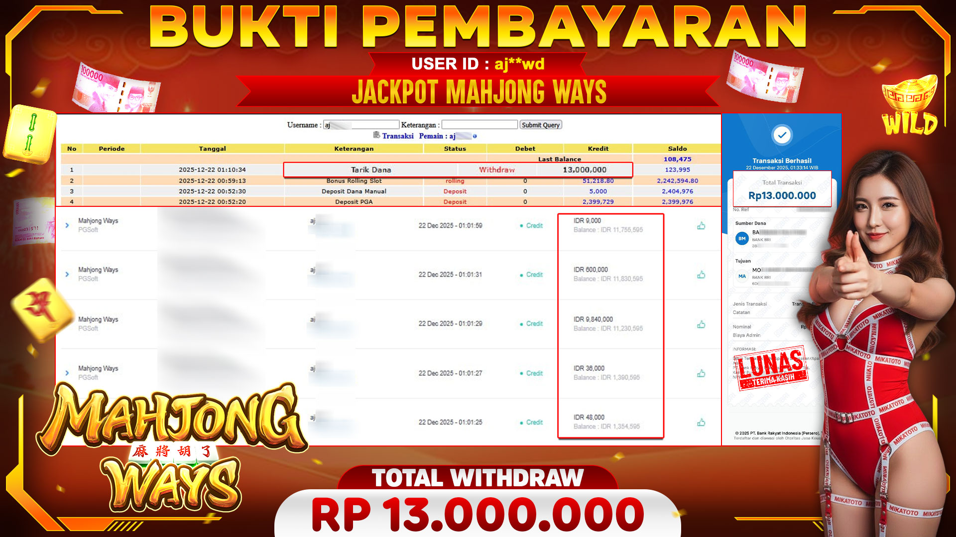 🏆 SELAMAT KEPADA PEMENANG JACKPOT DI Mahjong Ways - PGSoft 13,000,000🏆