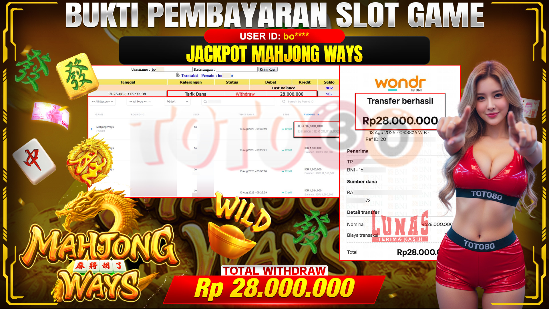 💰🎉 TOTO80 – JACKPOT SLOT MAHJONG  WAYS  RP. 28,000,000,-  TELAH DIBAYARKAN!💰🎉