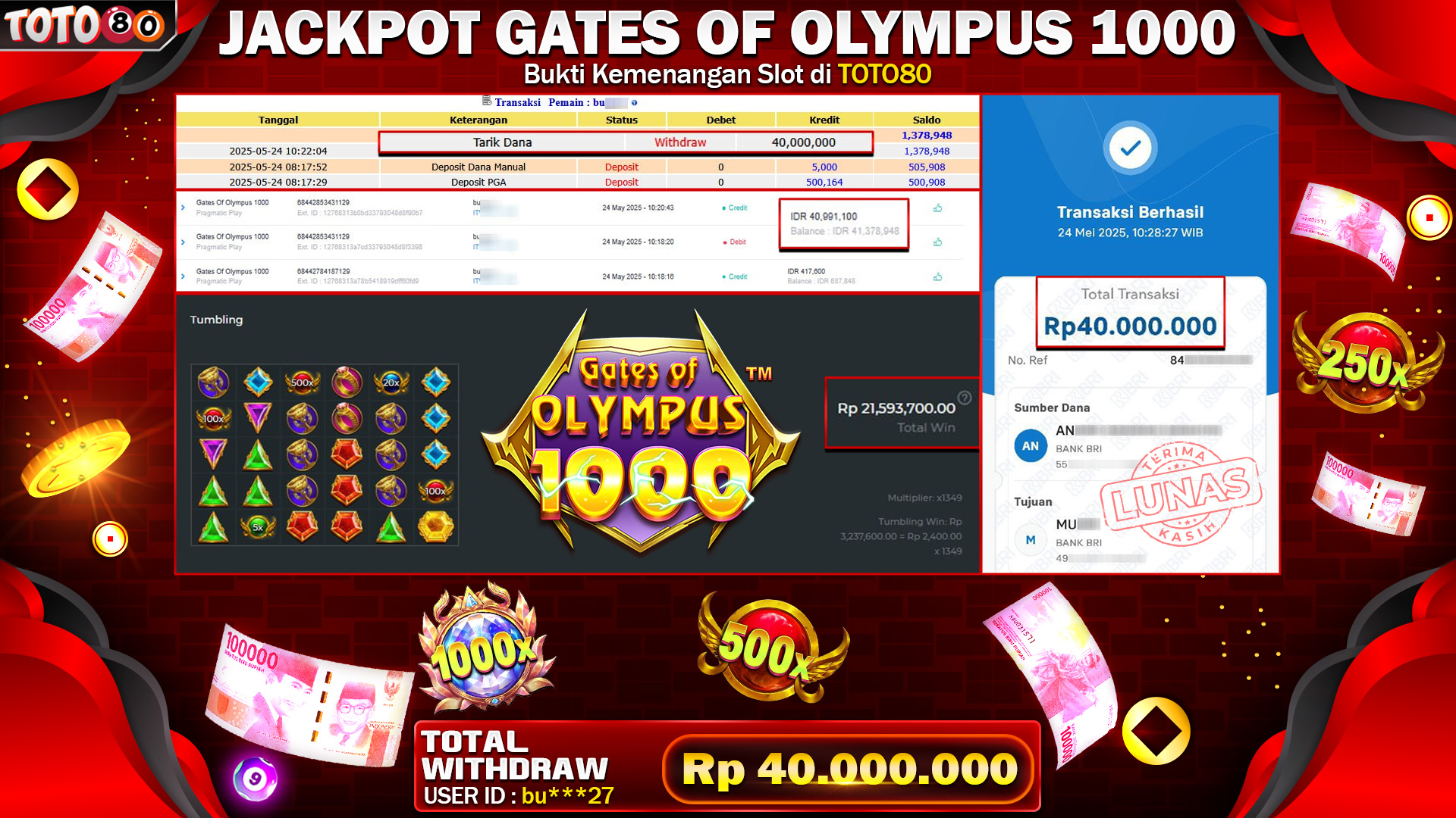 TOTO80 JACKPOT GATES OF OLYMPUS 1000 Rp.40.000.000,- LUNAS