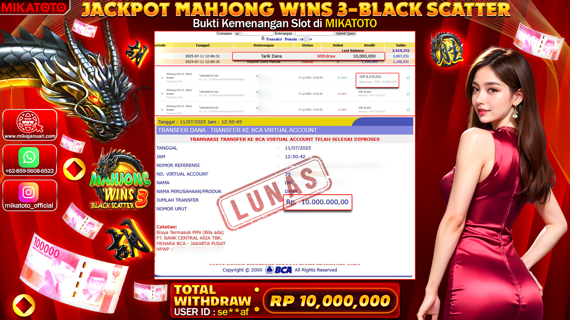 🏆 SELAMAT KEPADA PEMENANG JACKPOT DI Mahjong Wins 3 - Black Scatter 10,000,000🏆