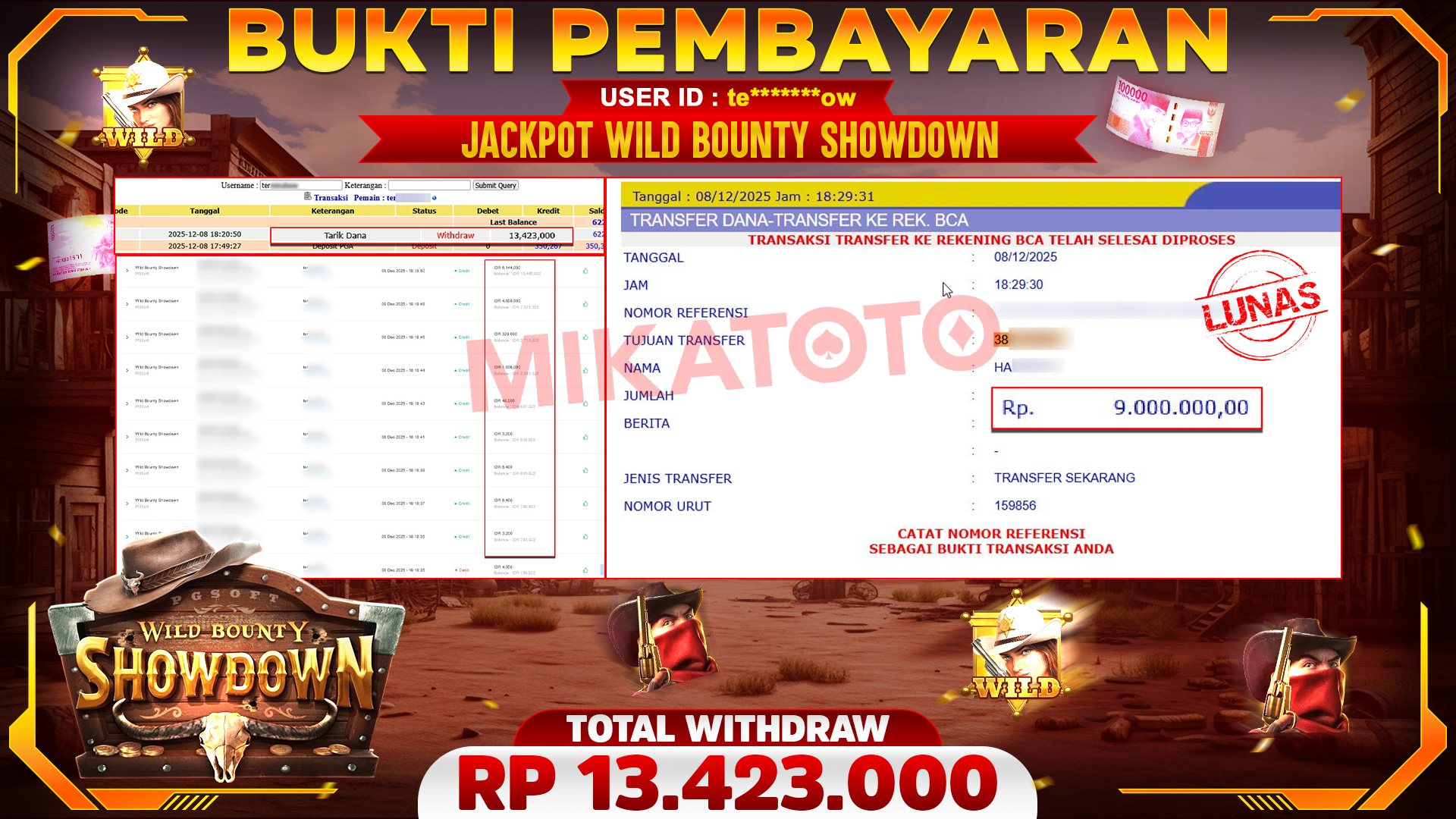 SELAMAT KEPADA PEMENANG JACKPOT DI Wild Bounty Showdown - PGSoft 13,423,000🏆