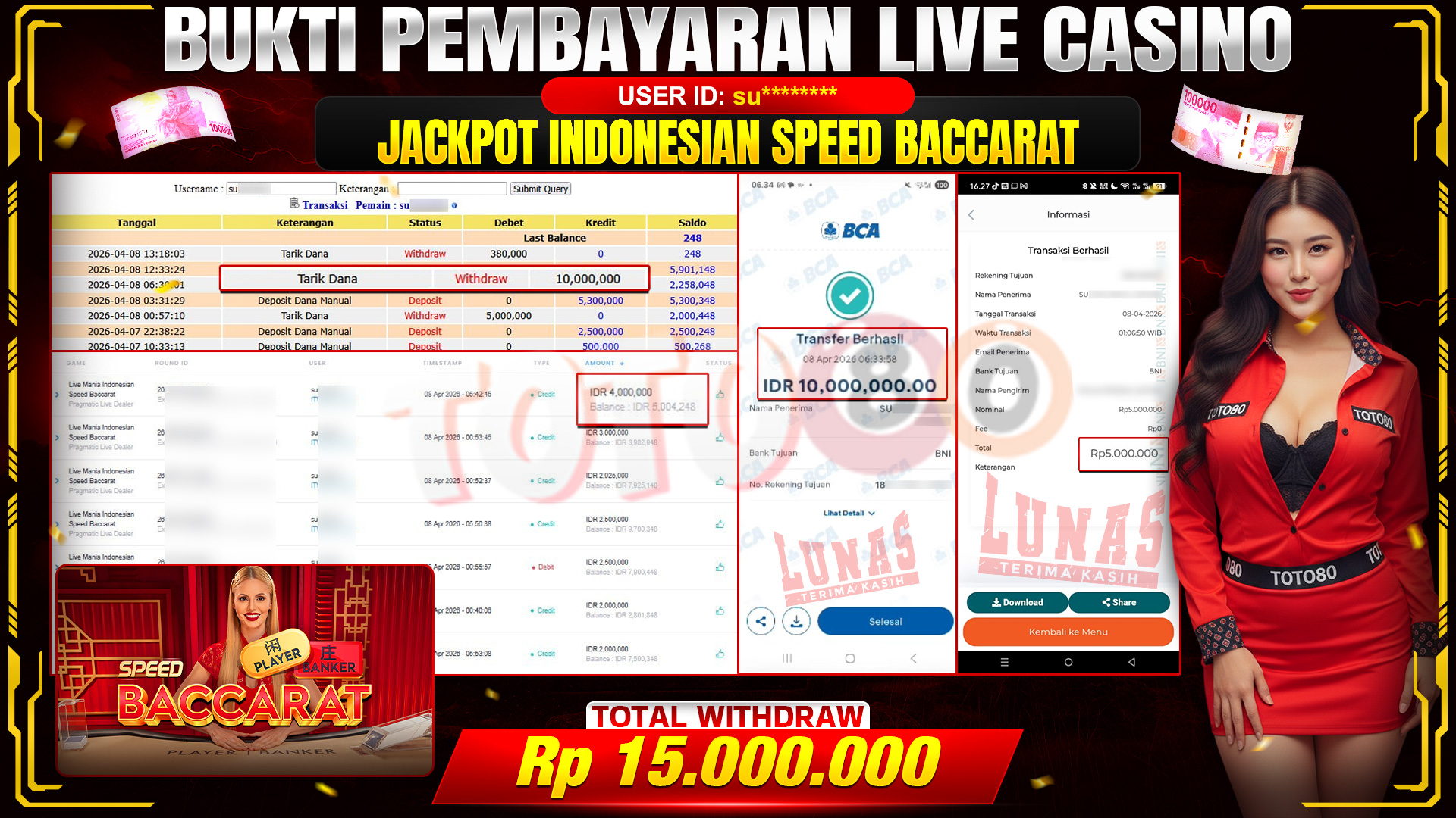 💰🎉 TOTO80 – JACKPOT  INDONESIA SPEED BACCARAT  RP. 15,000,000,- TELAH DIBAYARKAN!💰🎉