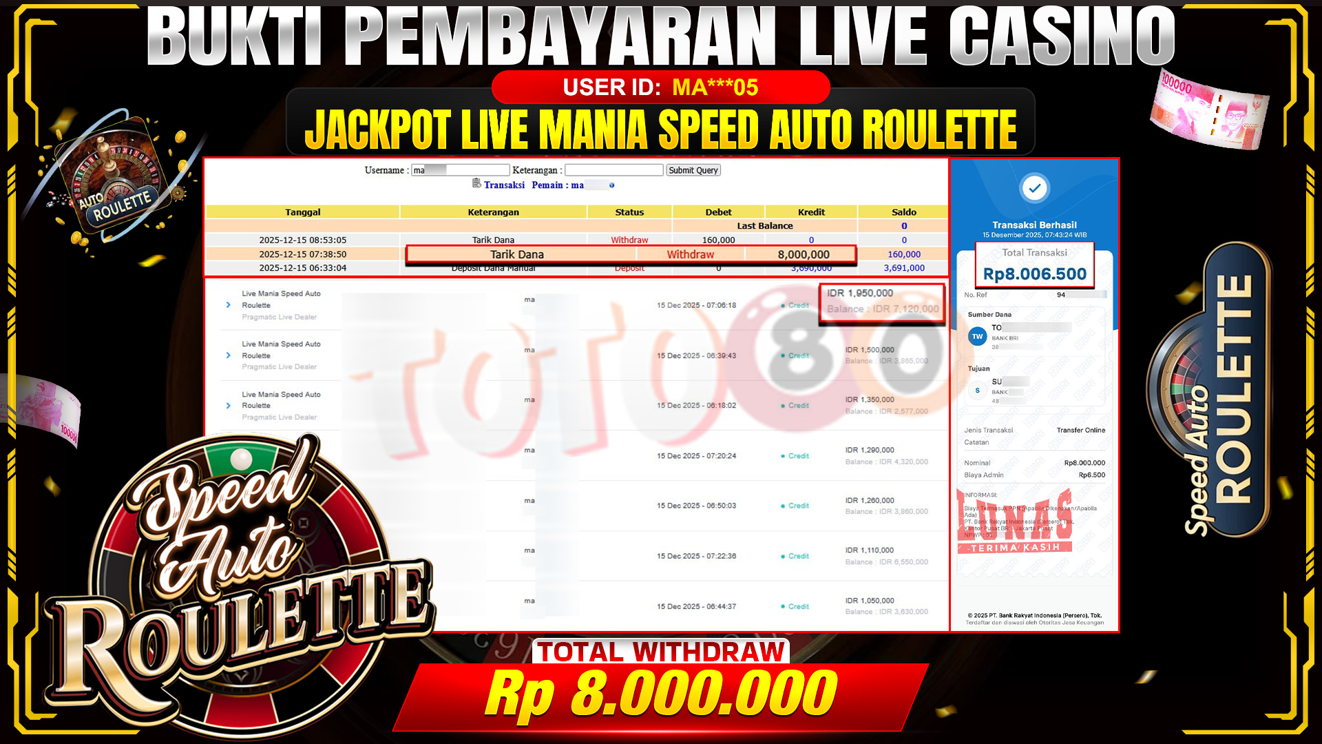 🎉 TOTO80 – JACKPOT LIVE MANIA SPEED AUTO ROULETTE RP. 8,000,000,- TELAH DIBAYARKAN! 🎉