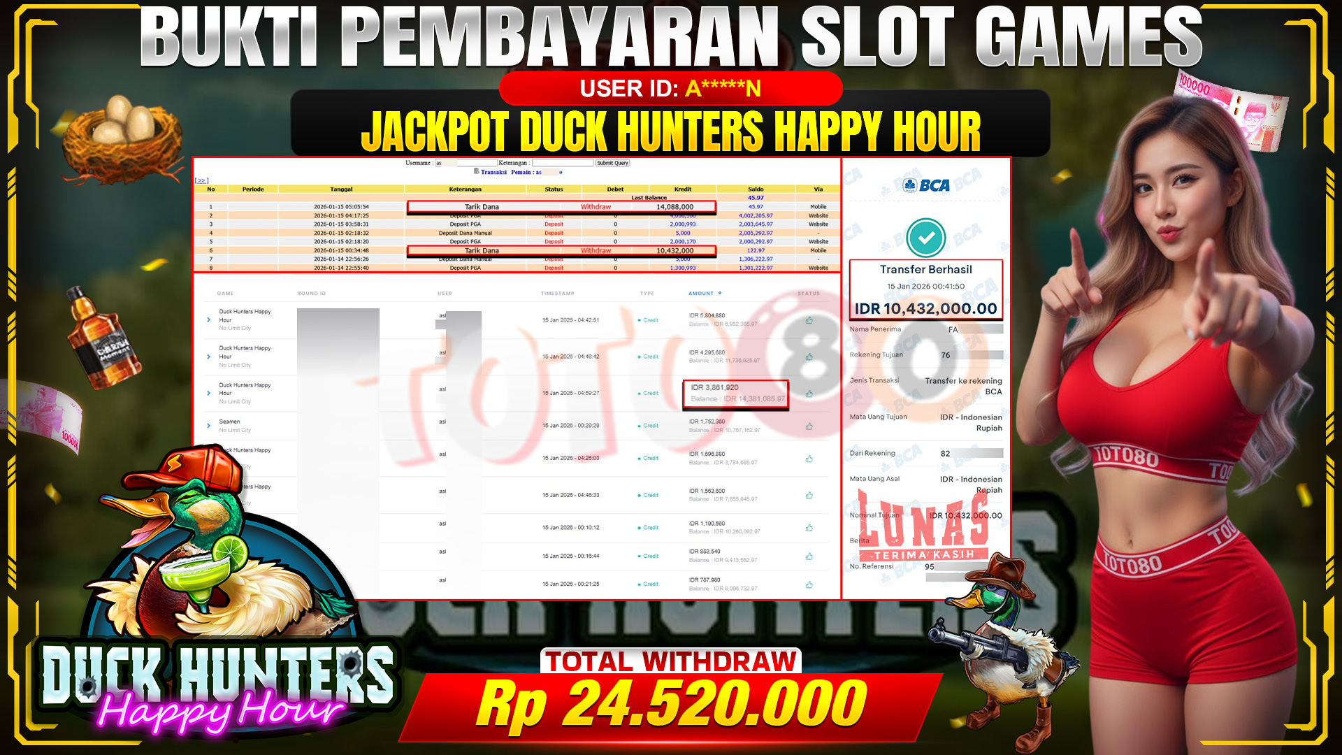 🎉 TOTO80 – JACKPOT DUCK HUNTERS RP.24,520,000,- TELAH DIBAYARKAN! 🎉