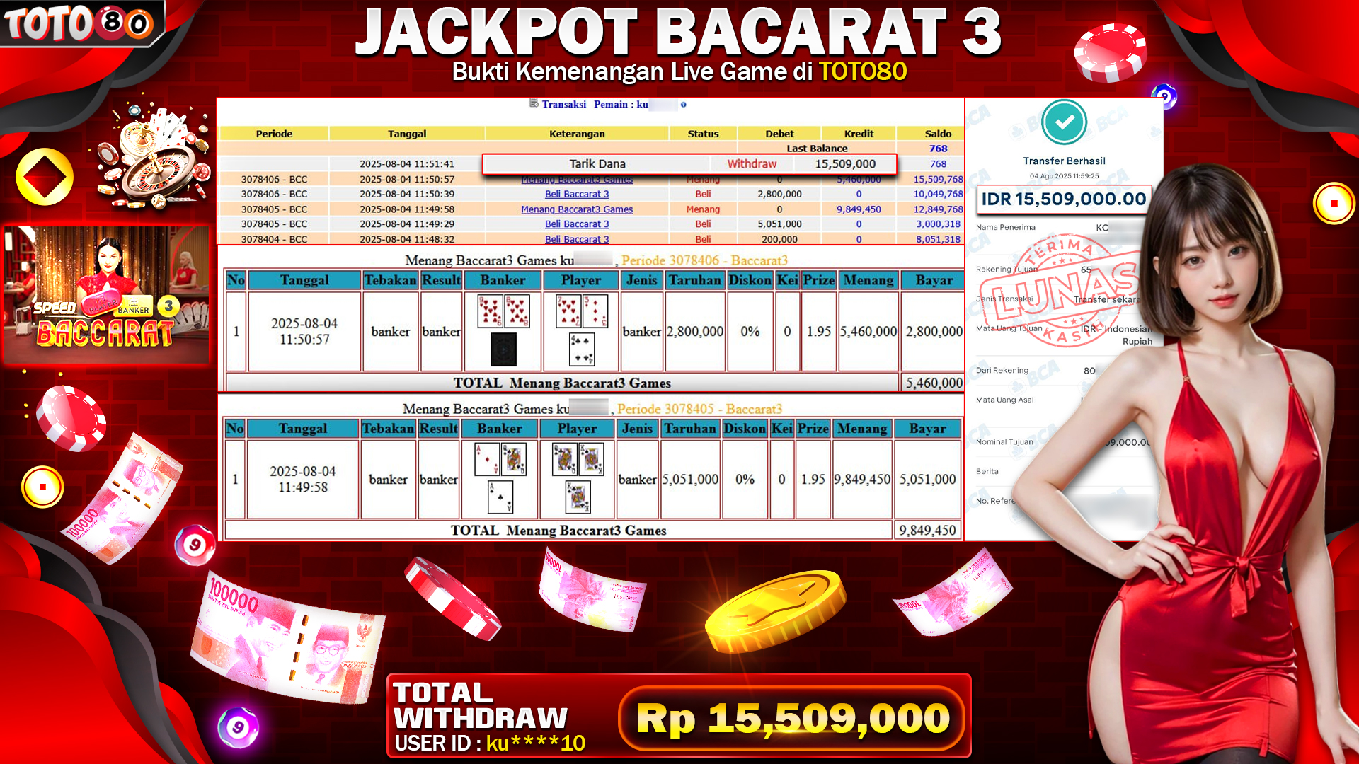 🎉 TOTO80 – JACKPOT GAME BACARAT RP.15,509,000,- TELAH DIBAYARKAN! 🎉