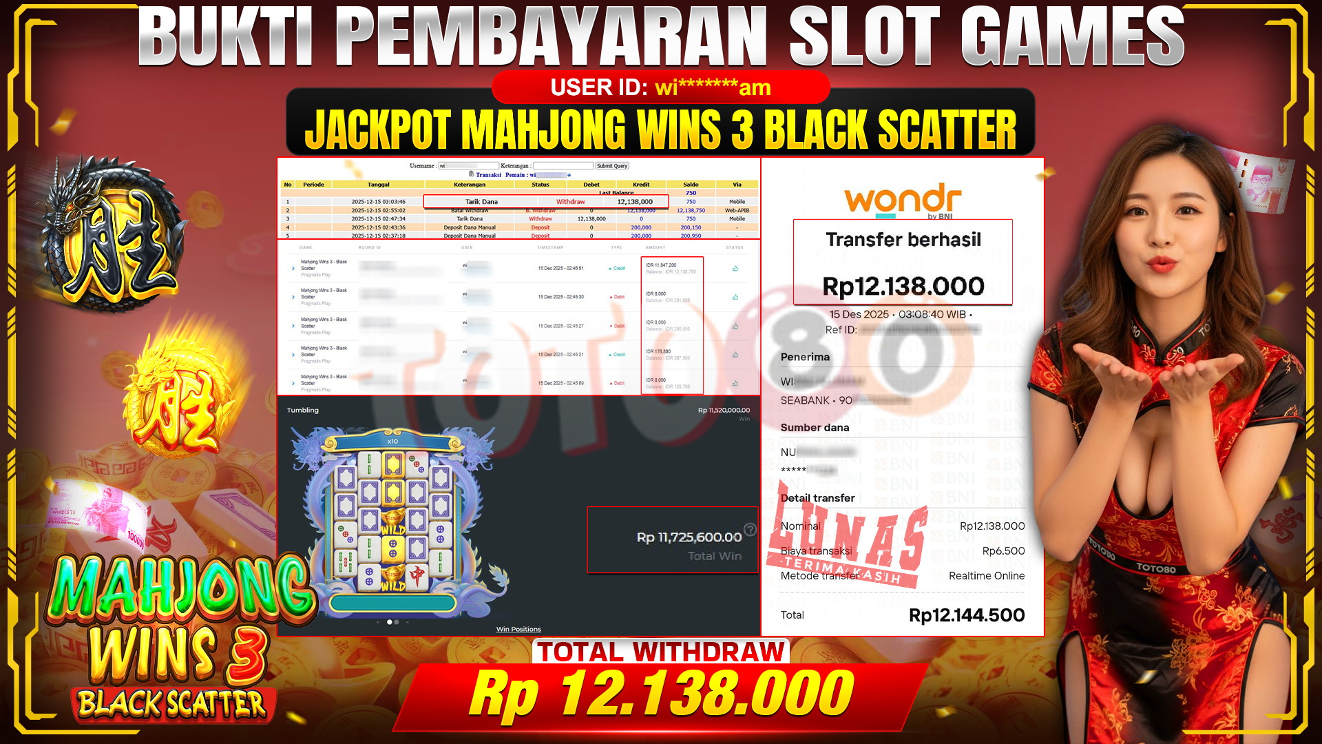 🎉 TOTO80 – JACKPOT SLOT MAHJONG WINS 3 BLACK SCATTER RP. 12,138,000,- TELAH DIBAYARKAN! 🎉