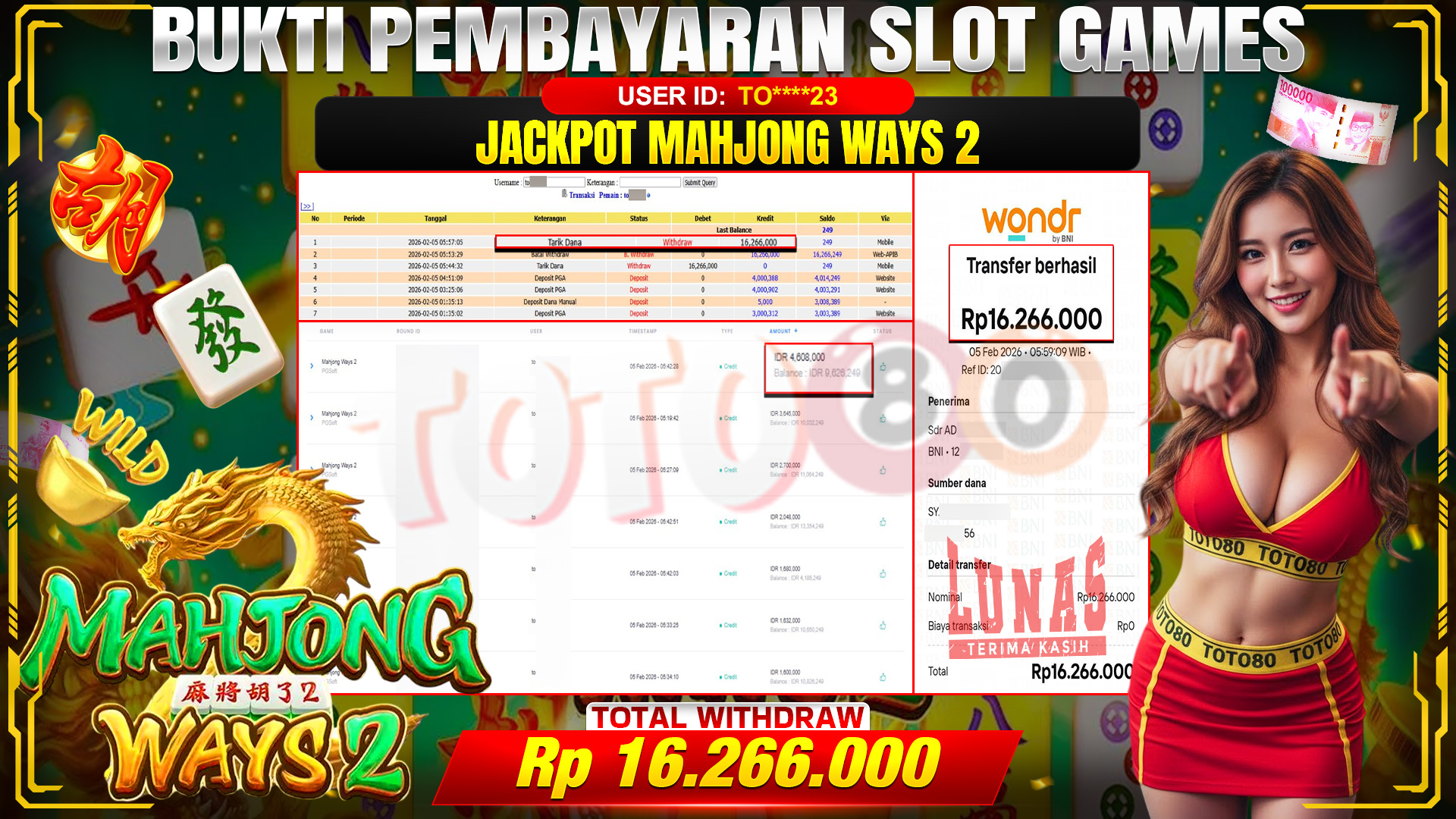 🎉 TOTO80 – JACKPOT SLOT MAHJONG WAYS 2 RP. 16,266,000,- TELAH DIBAYARKAN! 🎉