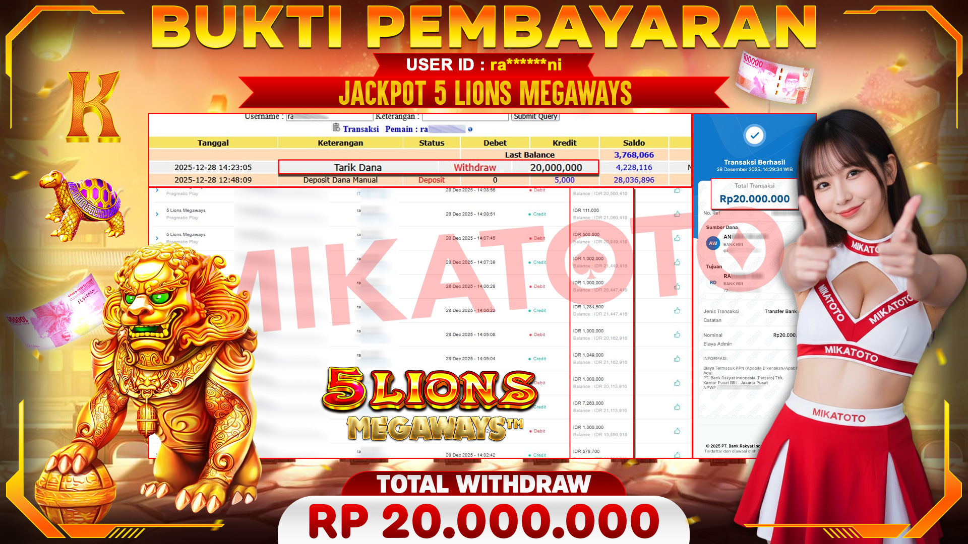 🏆 SELAMAT KEPADA PEMENANG JACKPOT DI 5 Lions Megaways - Pragmatic Play 20,000,000 🏆