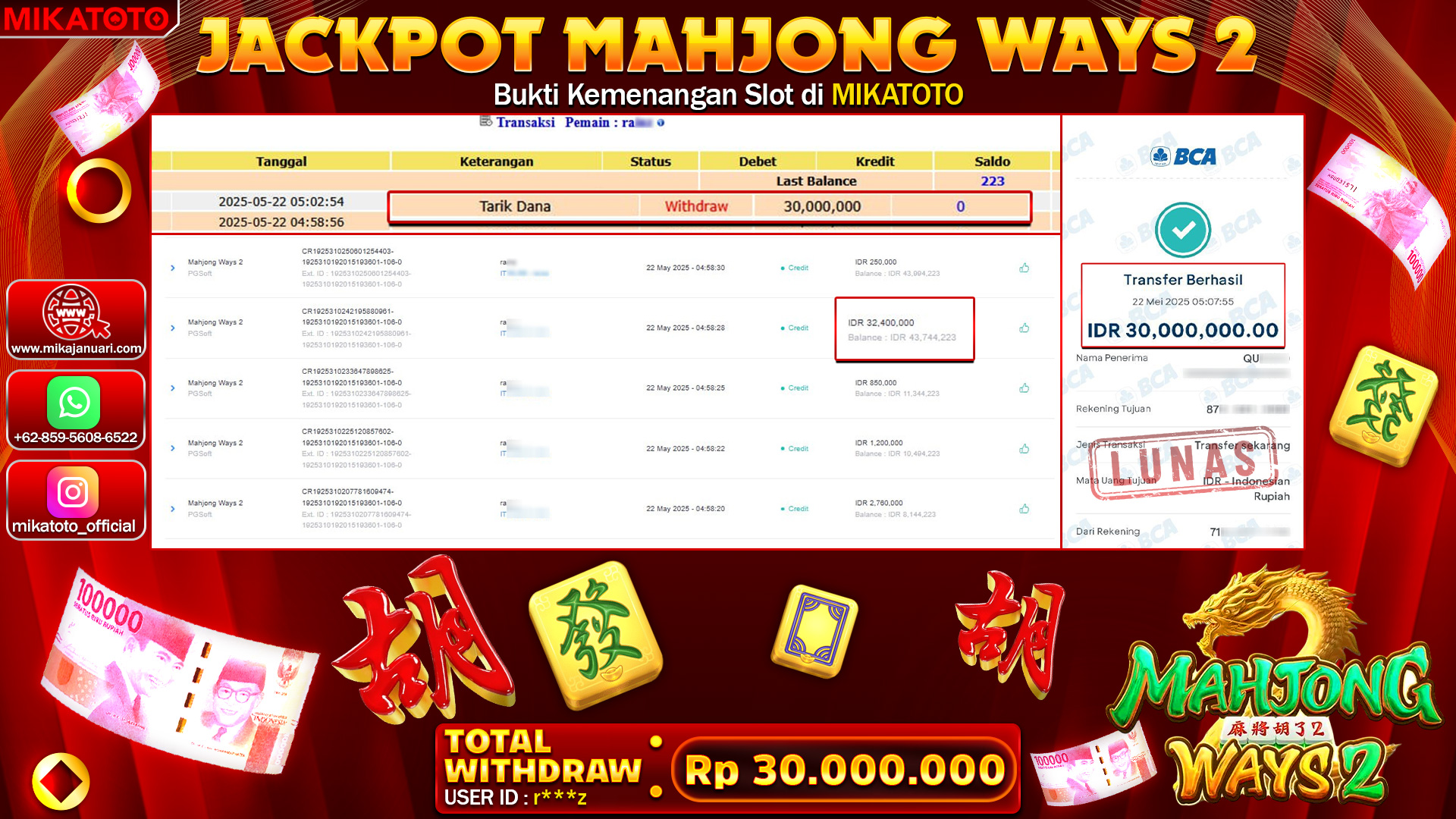 🏆 SELAMAT KEPADA PEMENANG JACKPOT DI MAHJONG WAYS 2 30,000,000🏆