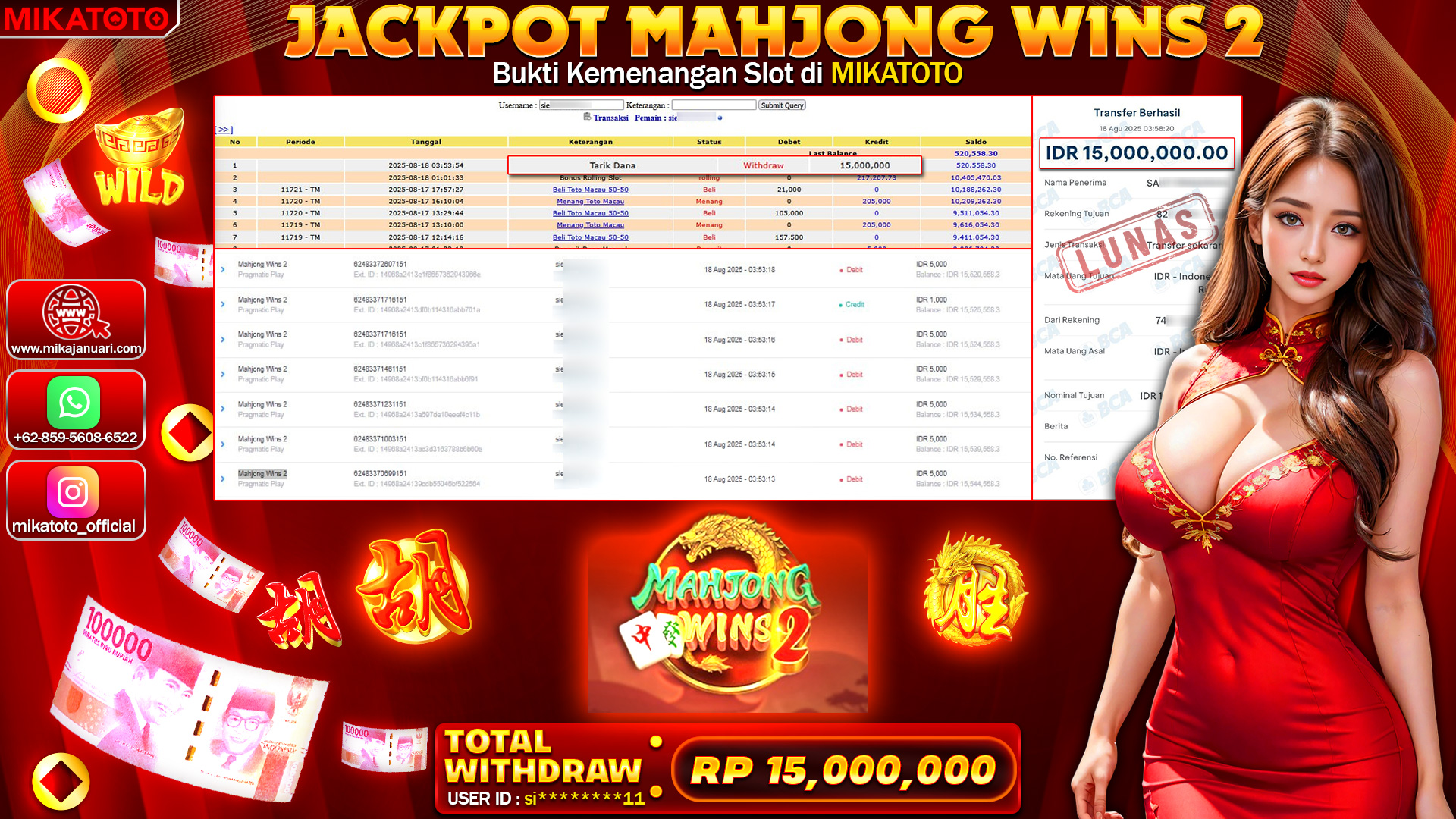 🏆 SELAMAT KEPADA PEMENANG JACKPOT DI Mahjong Wins 2 15,000,000🏆