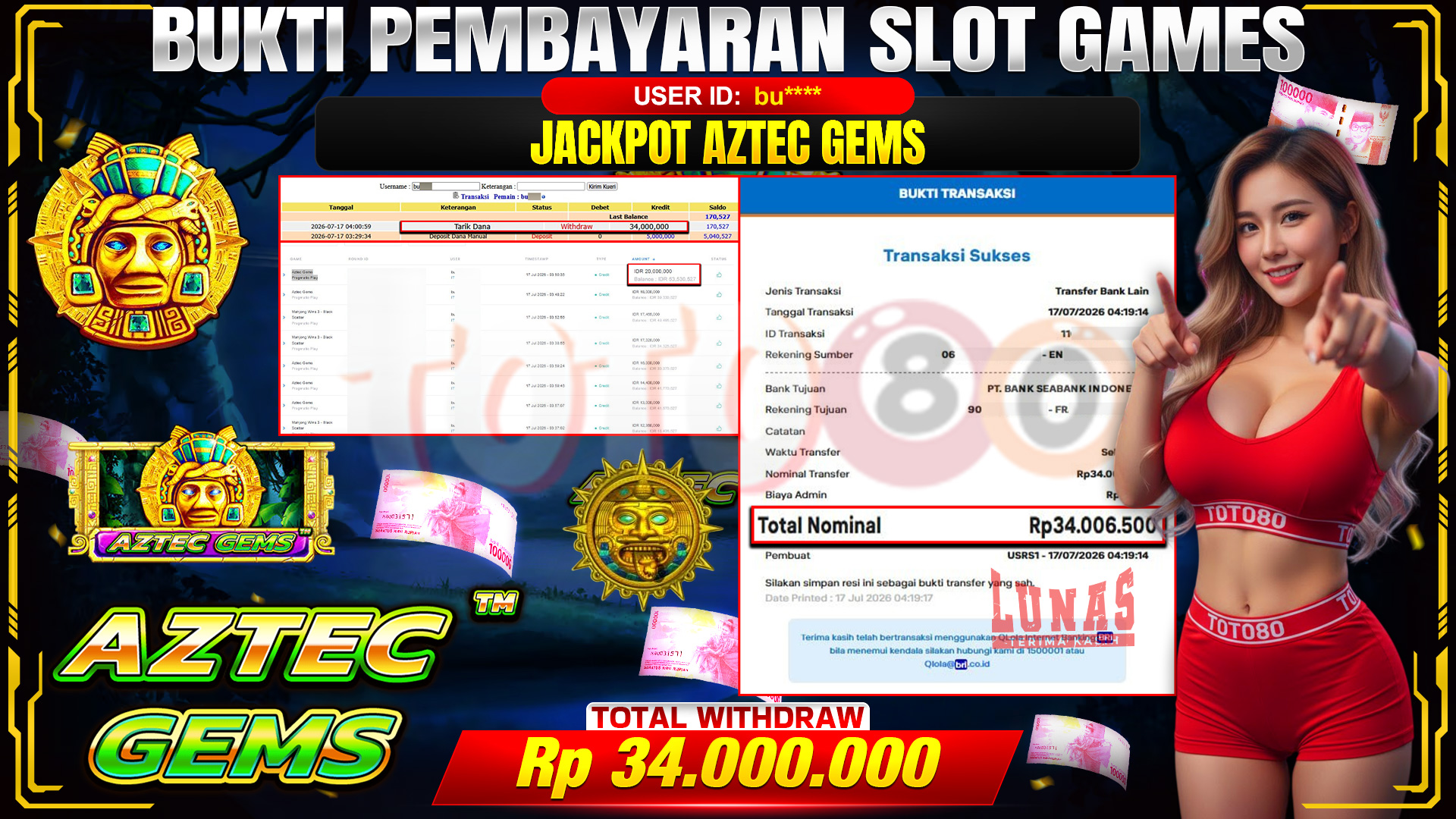 💰🎉 TOTO80 – JACKPOT AZTEC GEMS  RP. 34.000.000,- TELAH DIBAYARKAN! 💰🎉