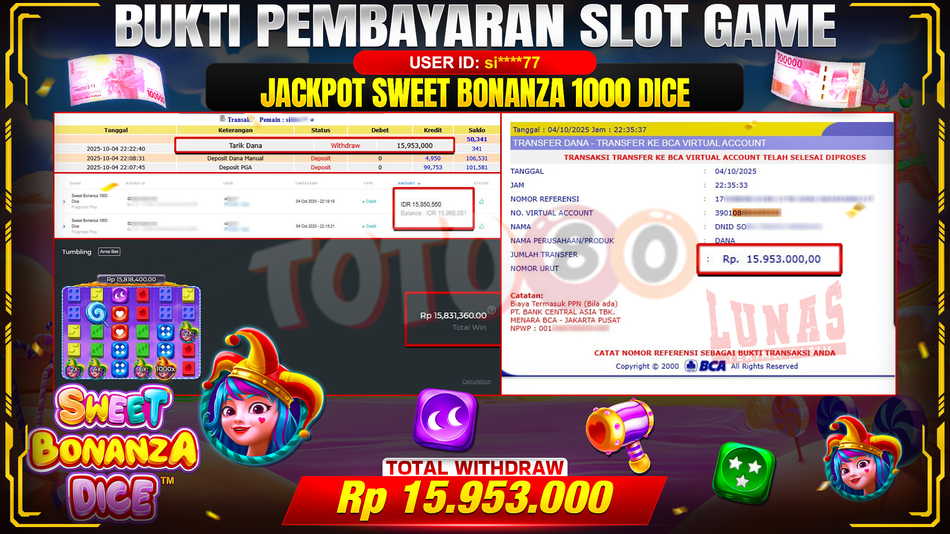 🎉 TOTO80 – SWEET BONANZA 1000 DICE RP.15,953,000,- TELAH DIBAYARKAN! 🎉
