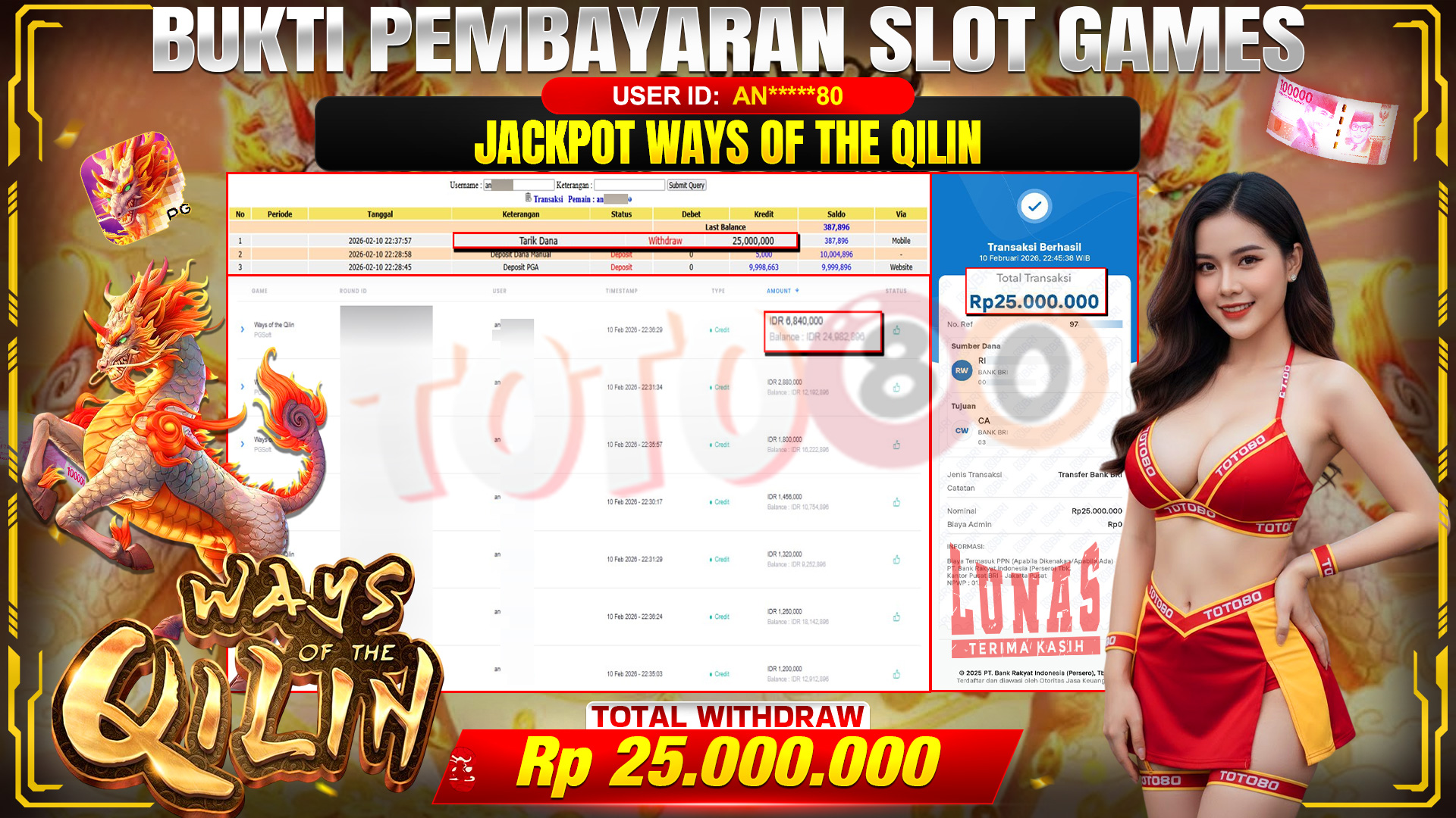 🎉 TOTO80 – JACKPOT SLOT WAYS OF THE QILIN RP. 25,000,000,- TELAH DIBAYARKAN! 🎉