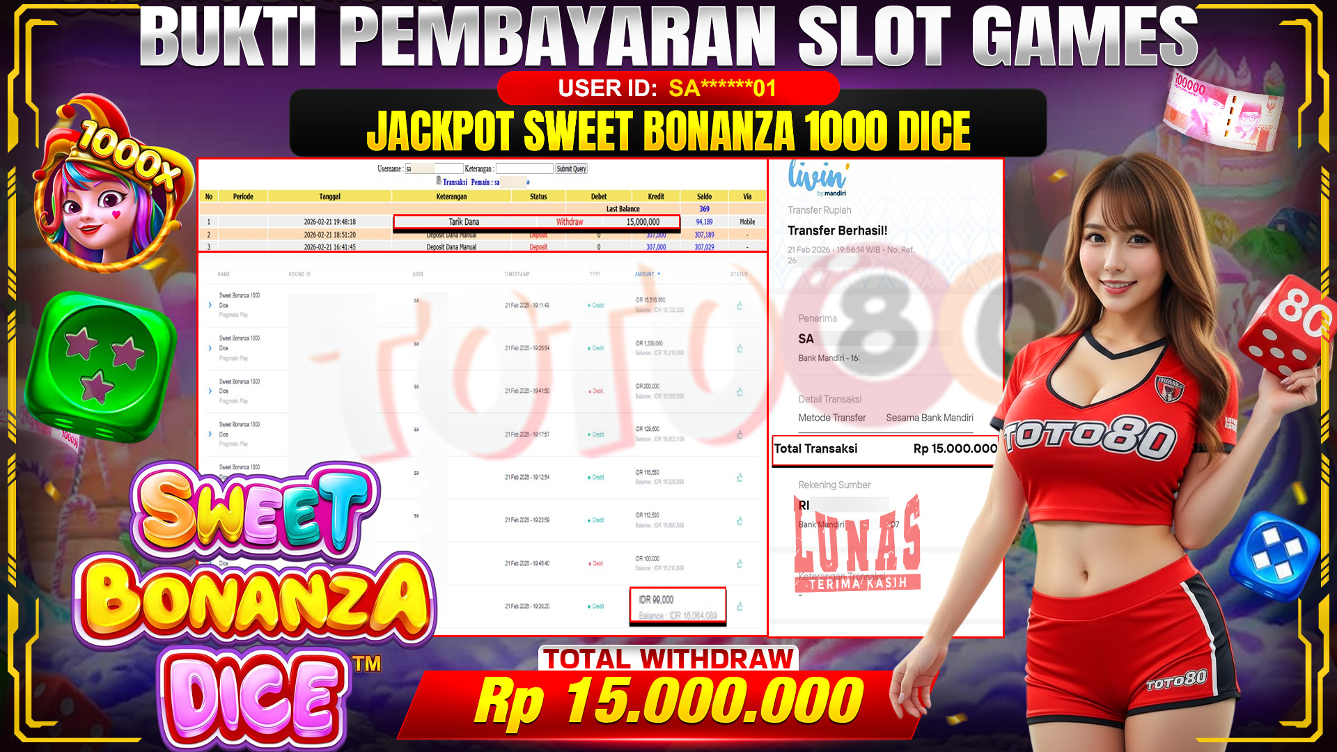 🎉 TOTO80 – JACKPOT SLOT SWEET BONANZA 1000 . 15,000,000,- TELAH DIBAYARKAN! 🎉