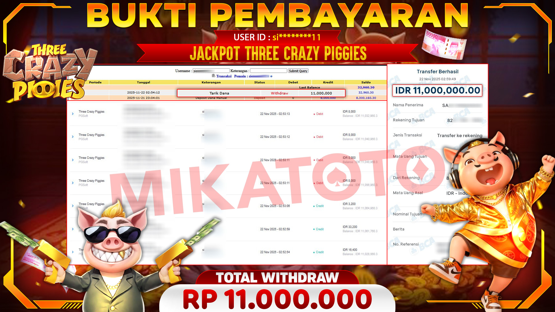 🏆 SELAMAT KEPADA PEMENANG JACKPOT DI Three Crazy Piggies - PGSoft 11,000,000🏆