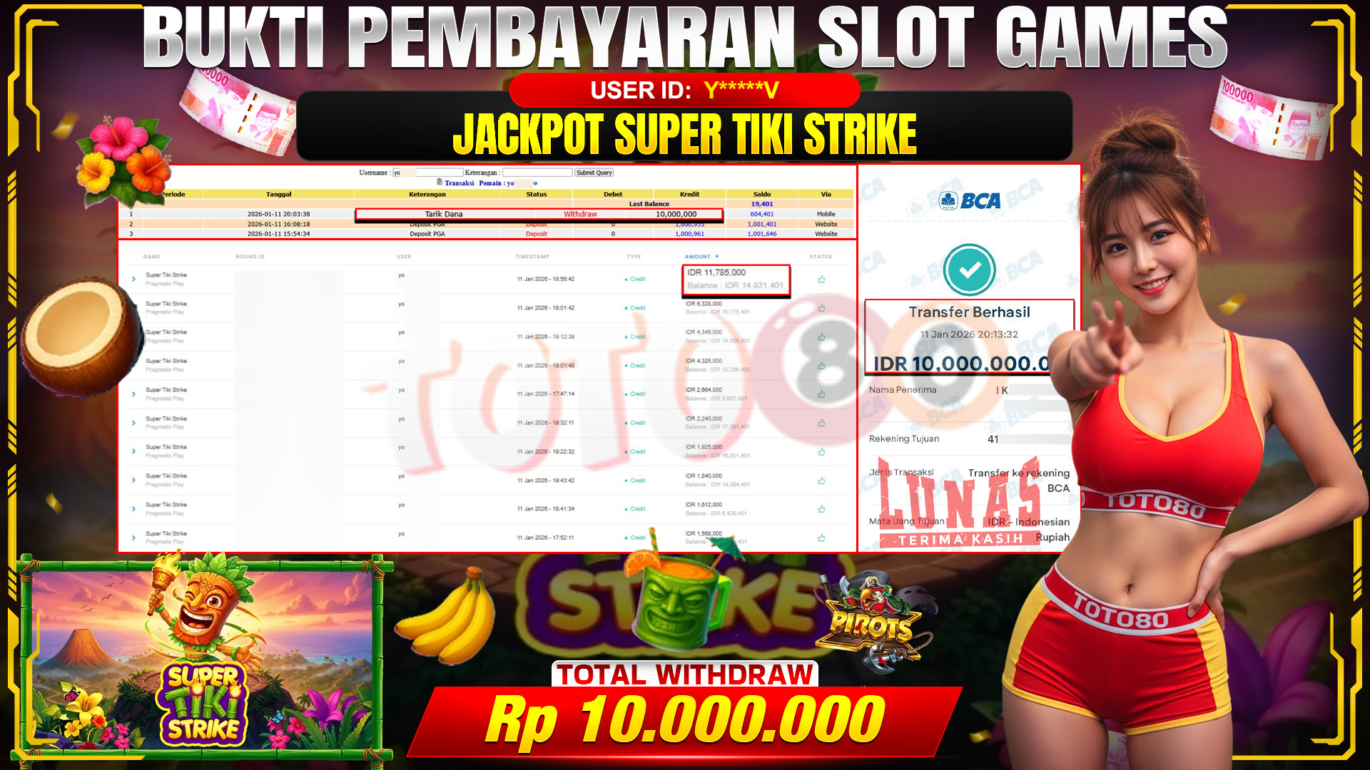 🎉 TOTO80 – JACKPOT SLOT SUPER TIKI STRIKE RP. 10,000,000,- TELAH DIBAYARKAN! 🎉