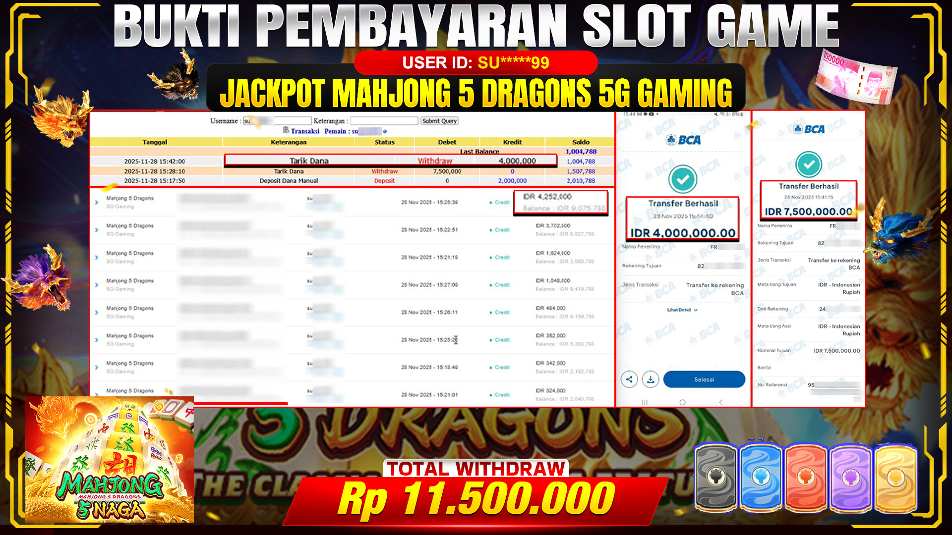 🎉 TOTO80 – JACKPOT SLOT MAHJONG 5 DRAGONS 5G GAMING RP.11,500,000,- TELAH DIBAYARKAN! 🎉
