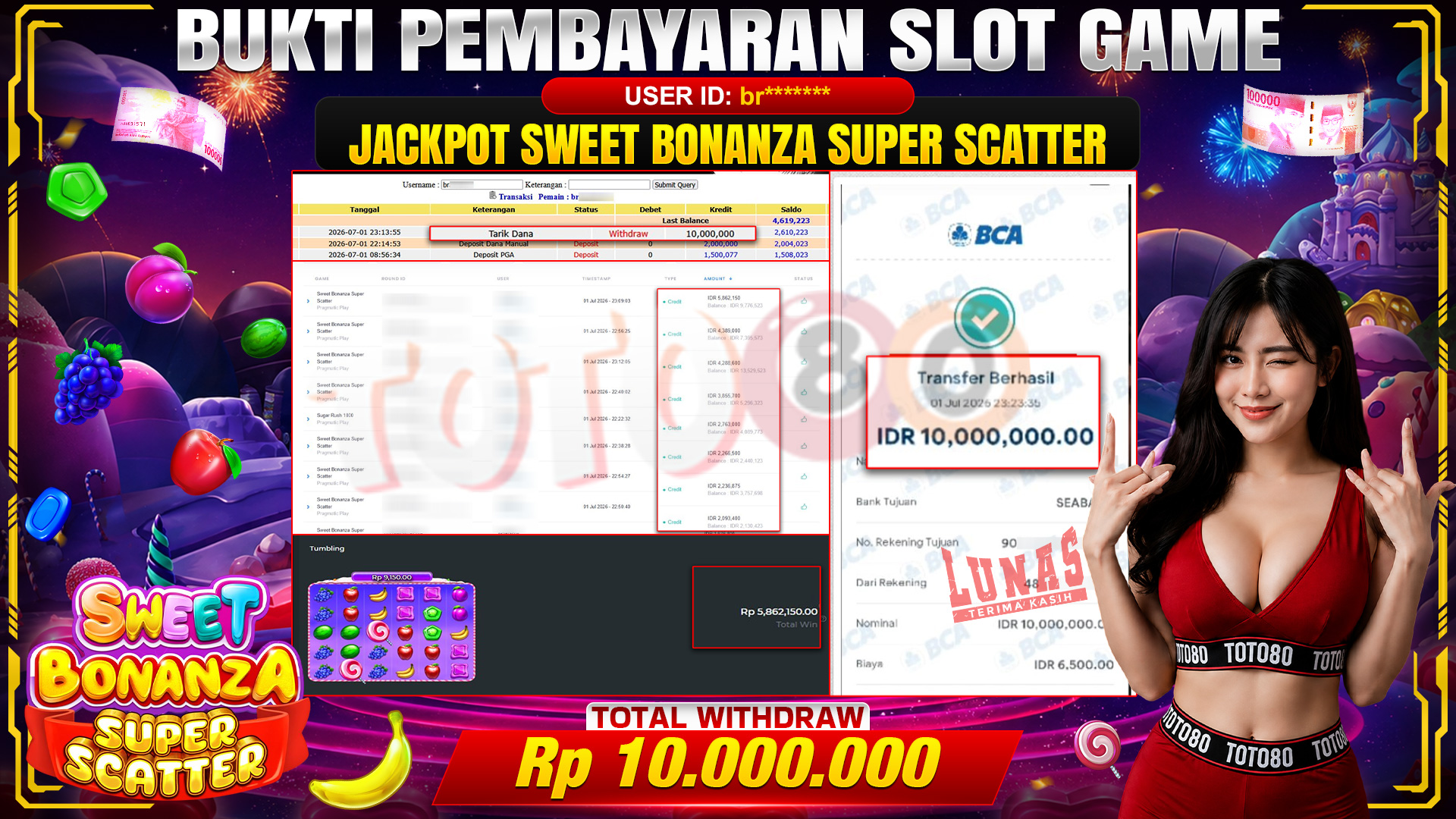 💰🎉 TOTO80 –  JACKPOT SWEET BONANZA SUPER SCATTER  RP. 10,000,000,- TELAH DIBAYARKAN!💰🎉