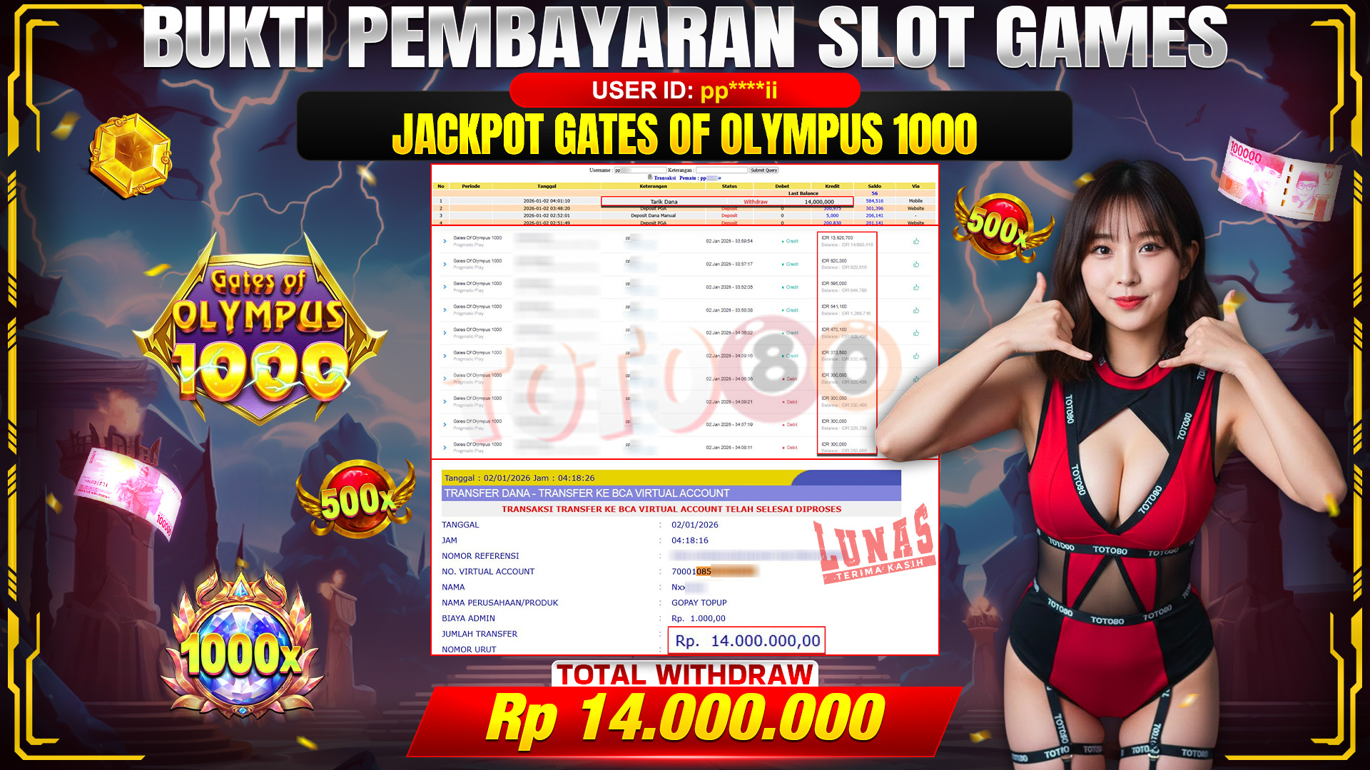 🎉 TOTO80 – JACKPOT SLOT GATES OF OLYMPUS 1000 RP. 14,000,000,- TELAH DIBAYARKAN! 🎉