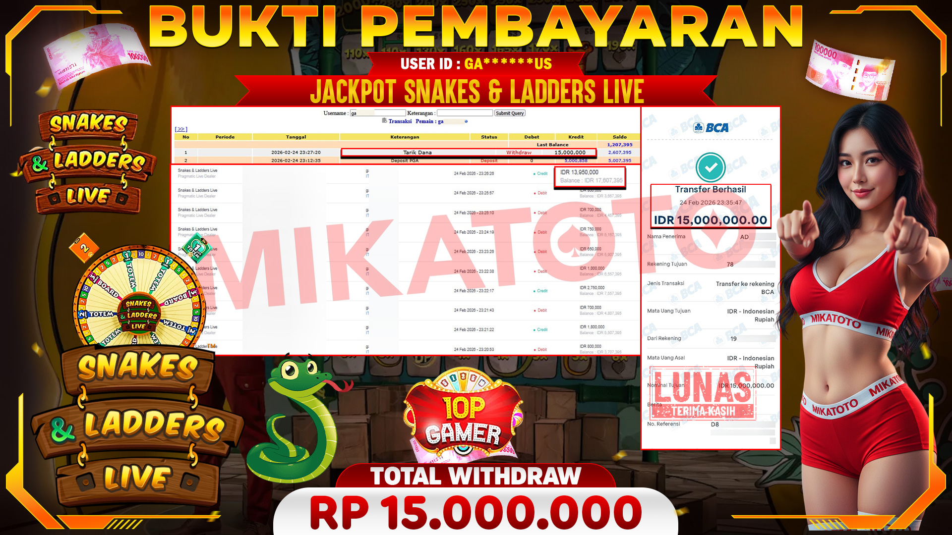 🏆 SELAMAT KEPADA PEMENANG JACKPOT DI Snakes & Ladders Live - Pragmatic Live Dealer 15,000.000🏆