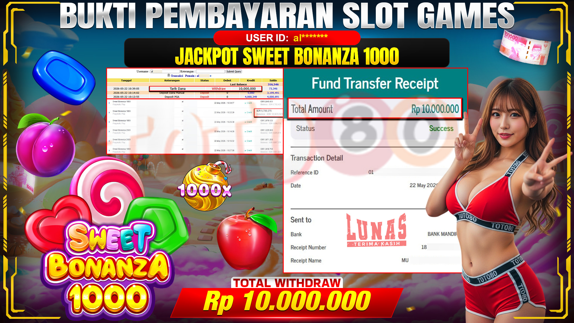 💰🎉  TOTO80 – JACKPOT SLOT SWEET BONANZA 1000 RP. 10,000,000,- TELAH DIBAYARKAN! 💰🎉 