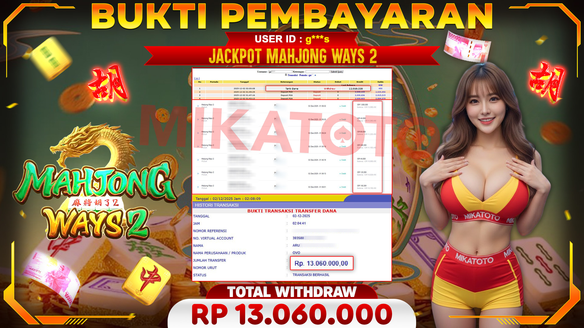 SELAMAT KEPADA PEMENANG JACKPOT DI Mahjong Ways 2 - PGSoft 13,060,000🏆