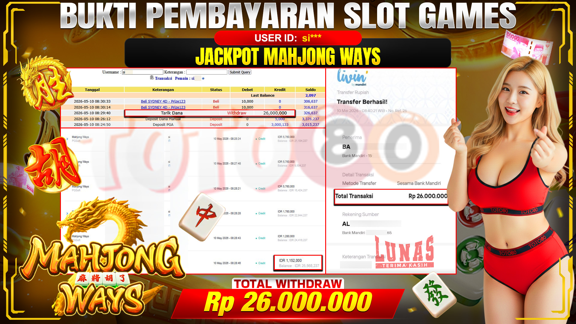 💰🎉 TOTO80 – JACKPOT SLOT MAHJONG WAYS RP. 26,000,000,- TELAH DIBAYARKAN!💰🎉