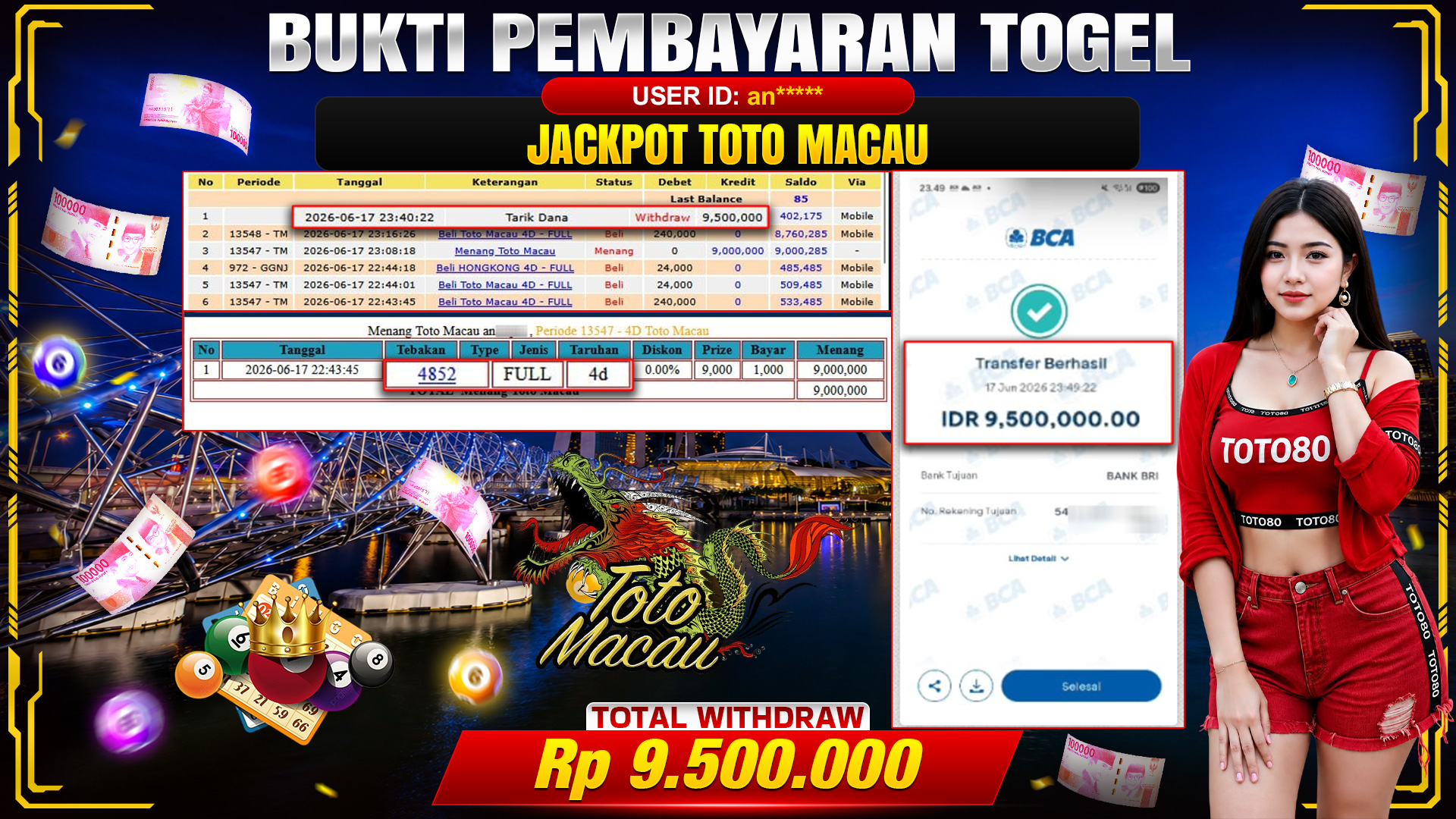 💰🎉 TOTO80 – JACKPOT TOGEL TOTO MACAU 4D RP. 9,500,000,- TELAH DIBAYARKAN!💰🎉