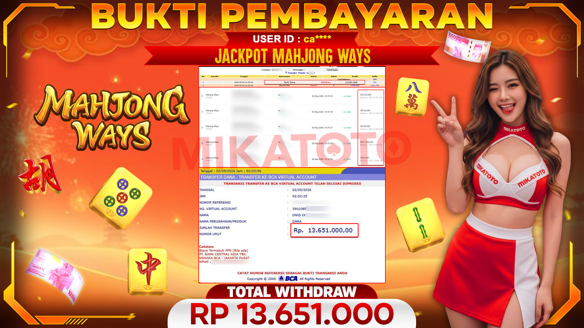 🏆 SELAMAT KEPADA PEMENANG JACKPOT DI Mahjong Ways  - PGSoft 13,651,000🏆