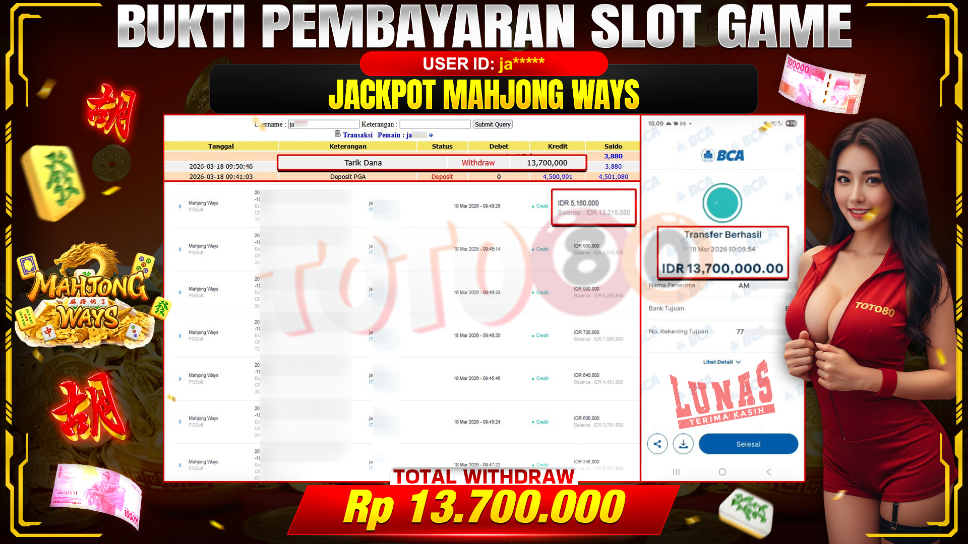 🎉💰 TOTO80 – JACKPOT SLOT MAHJONG WAYS  RP. 13,700,000,- TELAH DIBAYARKAN! 🎉💰